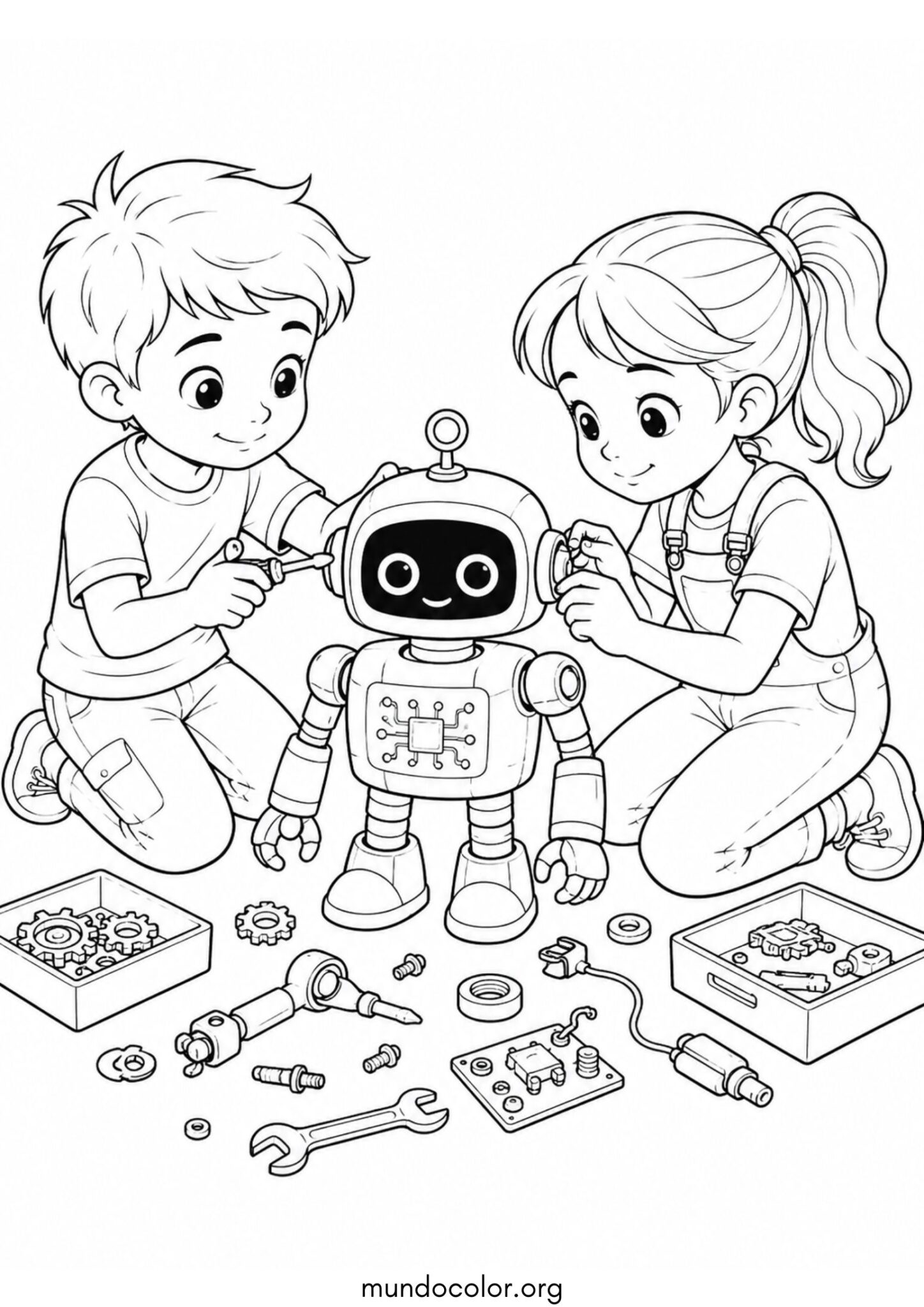Dibujo de Día Mundial de la Ciencia – Niño y niña construyendo un robot inteligente para colorear
