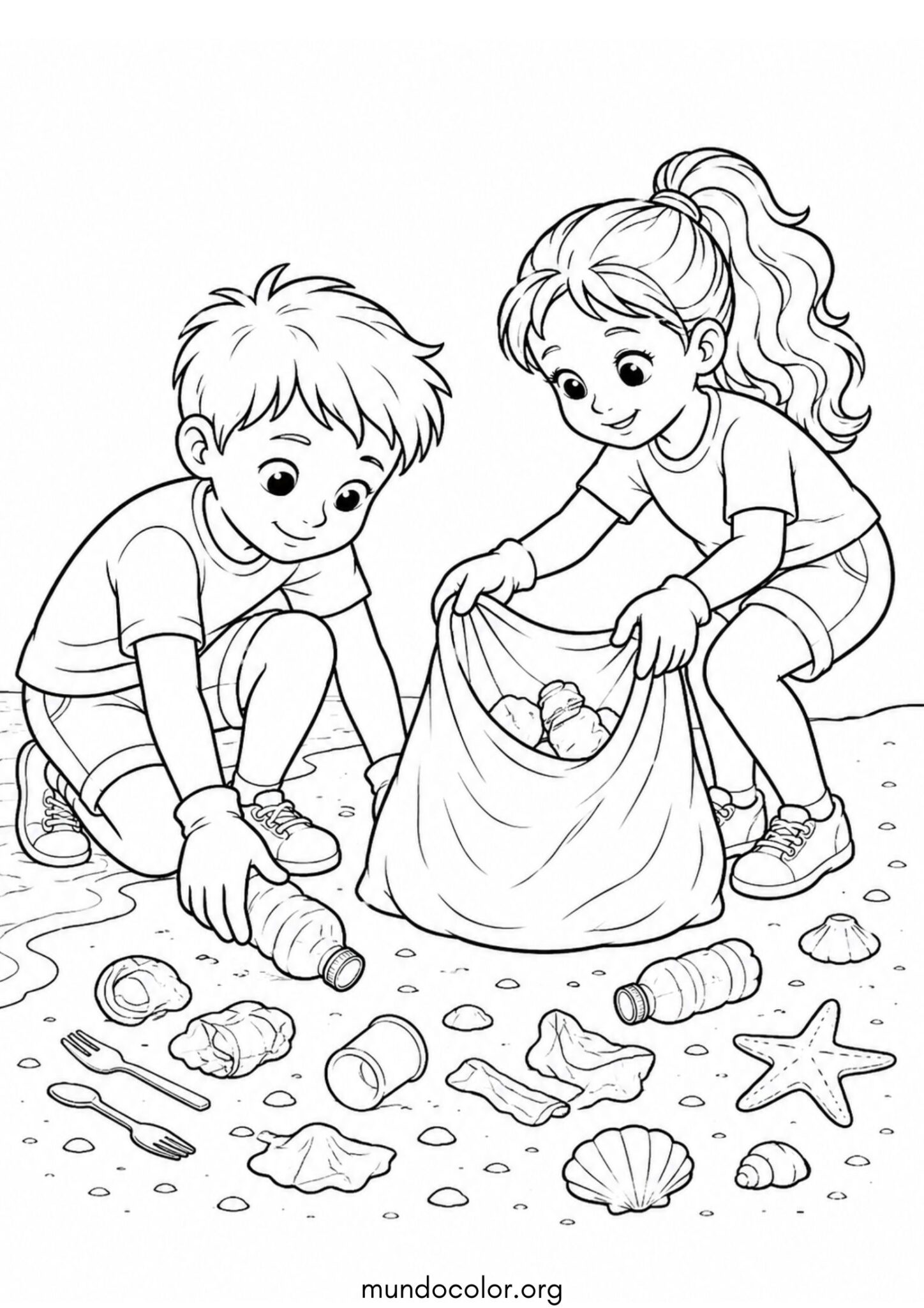 Dibujo de Día del Medio Ambiente – Niño y niña limpiando la playa de residuos de plástico para colorear