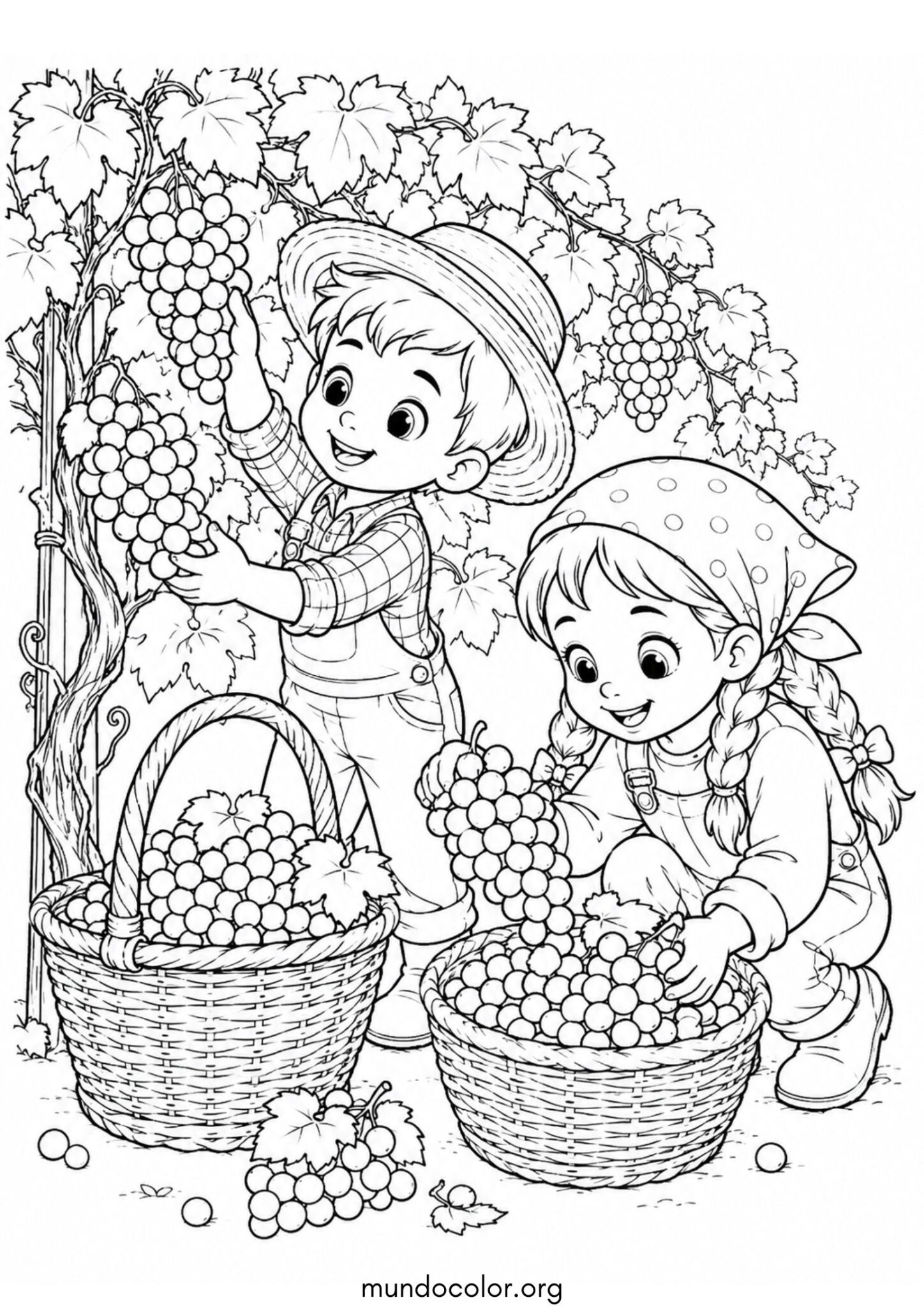 Dibujo de Fiesta de la Vendimia – Niño y niña llenando cestas con racimos de uvas para colorear