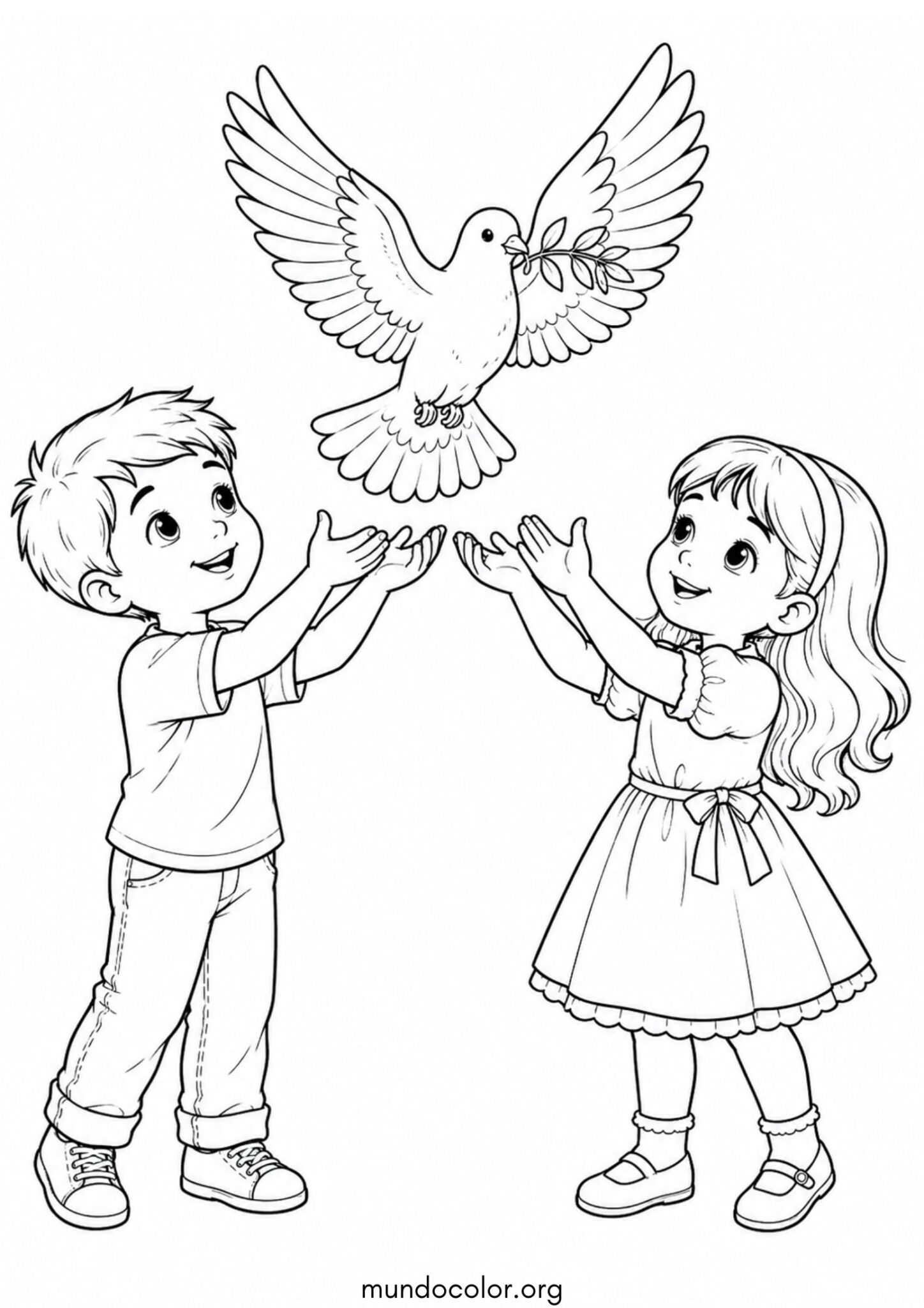 Dibujo de Niño y niña soltando una paloma de la paz para colorear