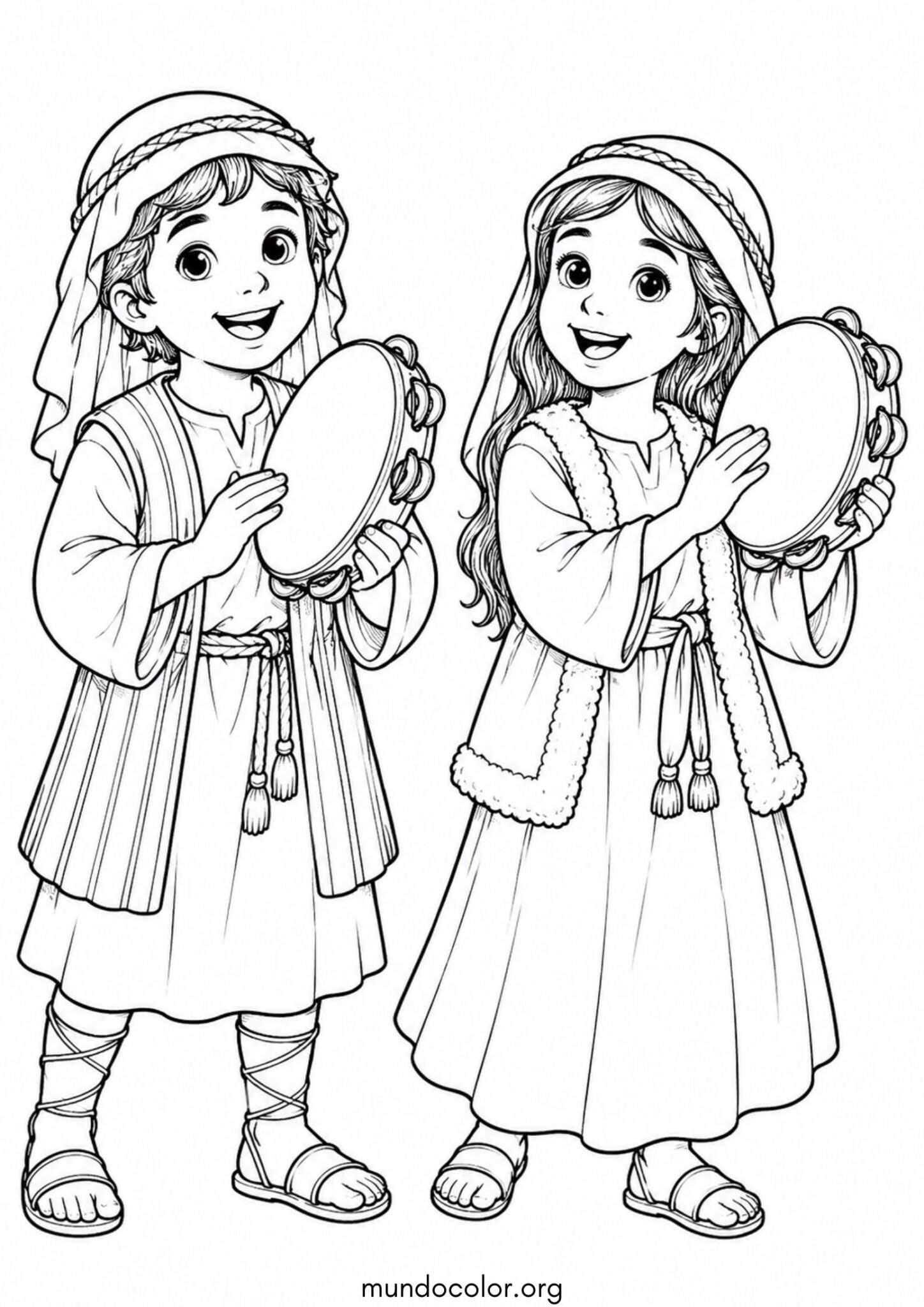 Dibujo de Las Posadas Navideñas – Niño y niña vestidos de pastores con gorritos y panderetas para colorear