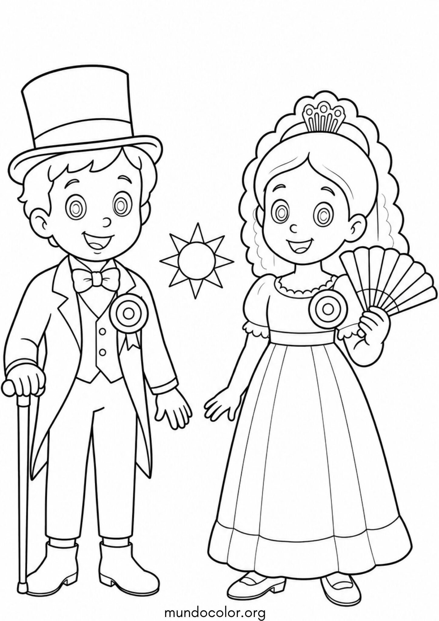 Dibujo de Revolución de Mayo – Niño y niña vestidos de época colonial para el acto del 25 de Mayo para colorear