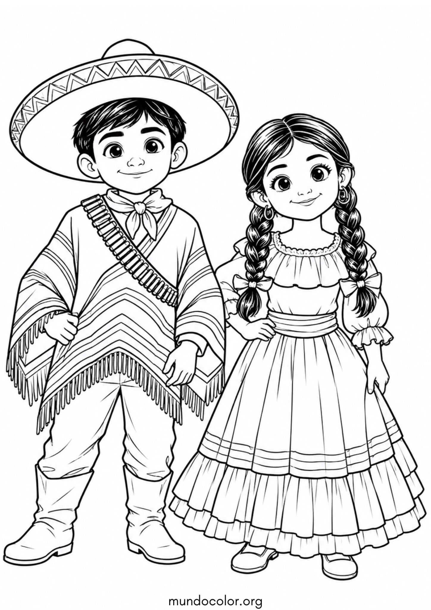 Día de la Revolución Mexicana – Niño y niña vestidos de revolucionarios mexicanos para imprimir y pintar Dibujo de Día de la Revolución Mexicana – Niño y niña vestidos de revolucionarios mexicanos para colorear