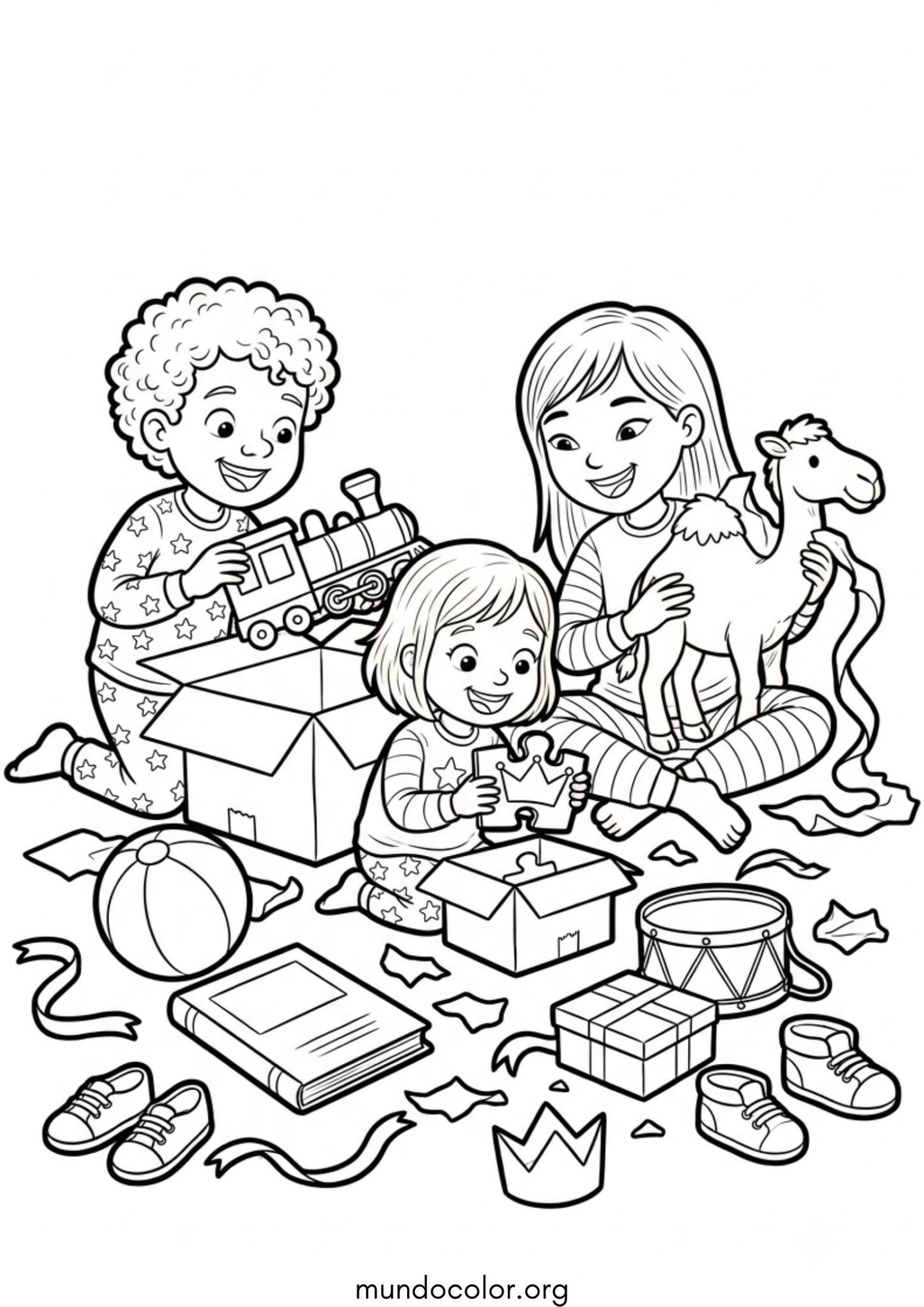 Dibujo de Niños abriendo los regalos de Reyes por la mañana para colorear