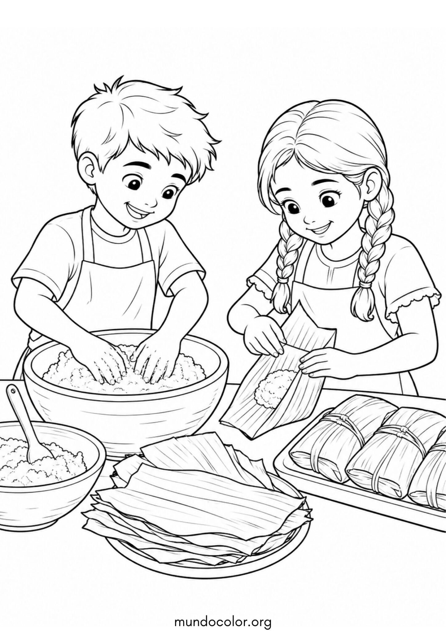 Dibujo de Día de la Candelaria y Tamales – Niños ayudando a preparar la masa de maíz y envolver tamales en hojas de plátano para colorear