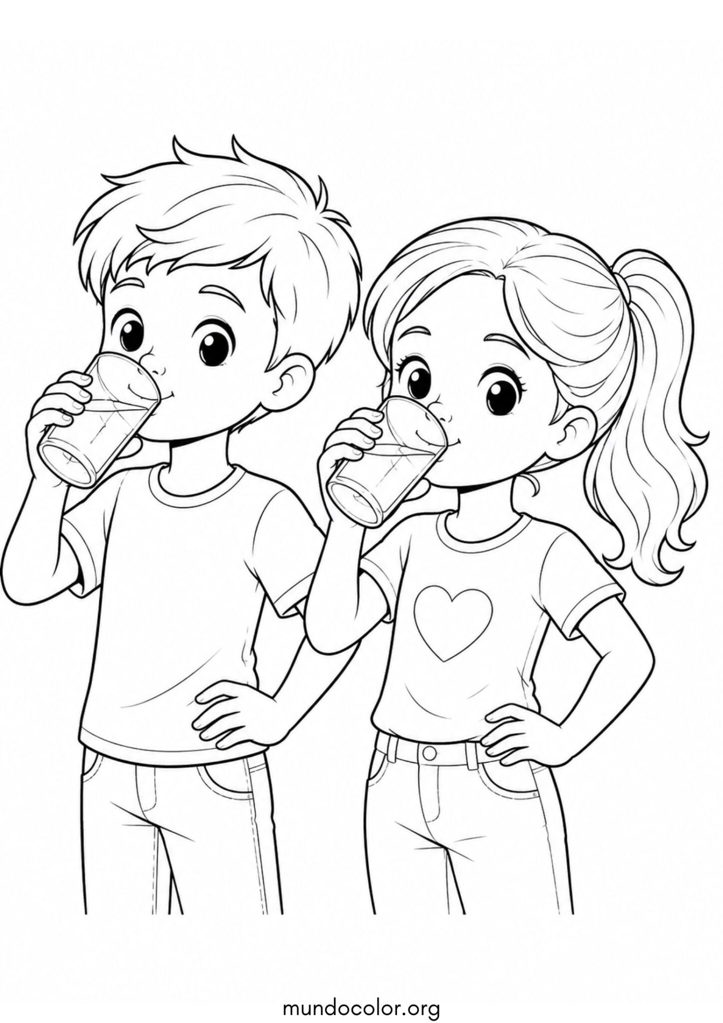 Dibujo de Día Mundial del Agua – Niños bebiendo un vaso de agua fresca y saludable para colorear