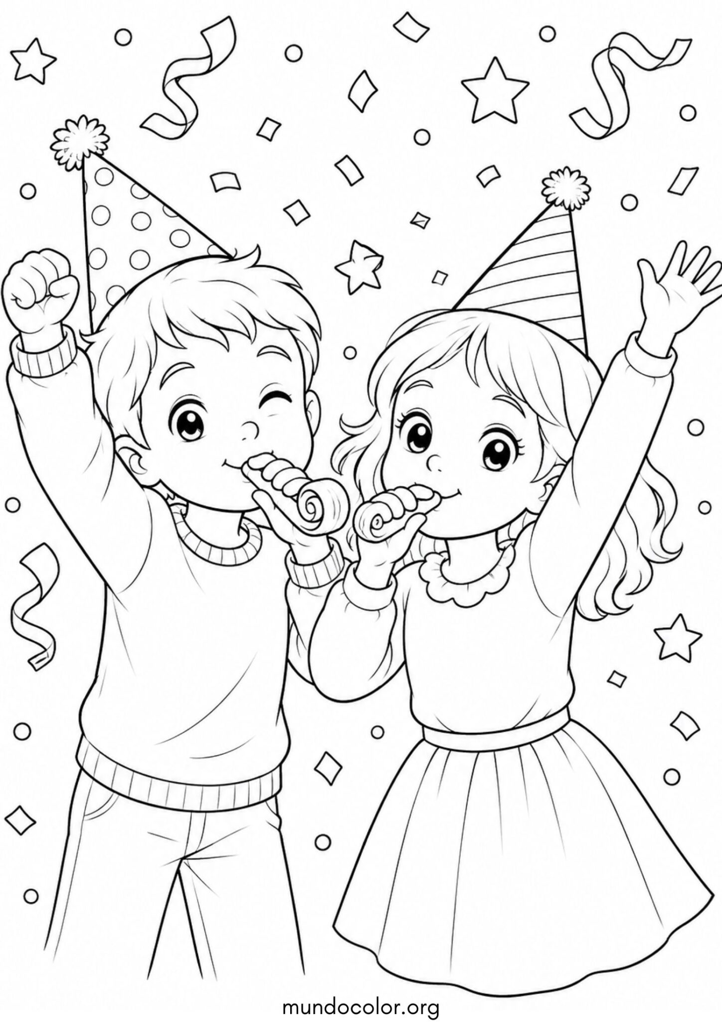 Dibujo de Niños celebrando la Nochevieja con cotillón y matasuegras para colorear