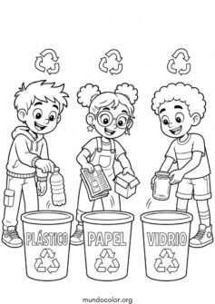 Día de la Tierra – Niños clasificando plástico, papel y vidrio en los cubos de basura