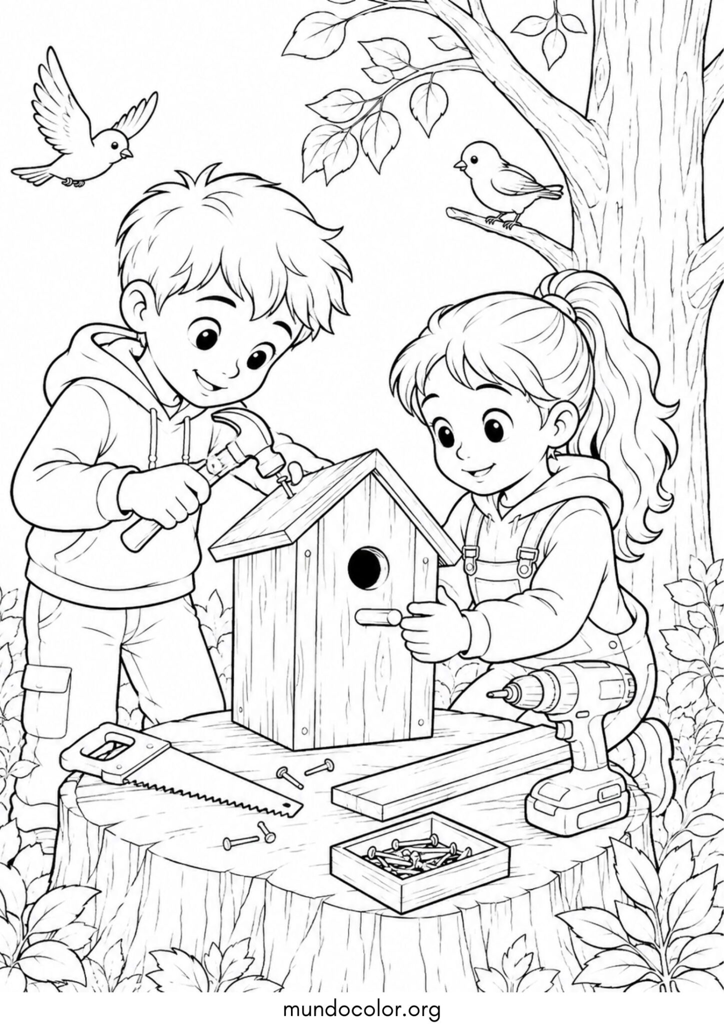 Dibujo de Día del Medio Ambiente – Niños construyendo una casita para pájaros en el bosque para colorear