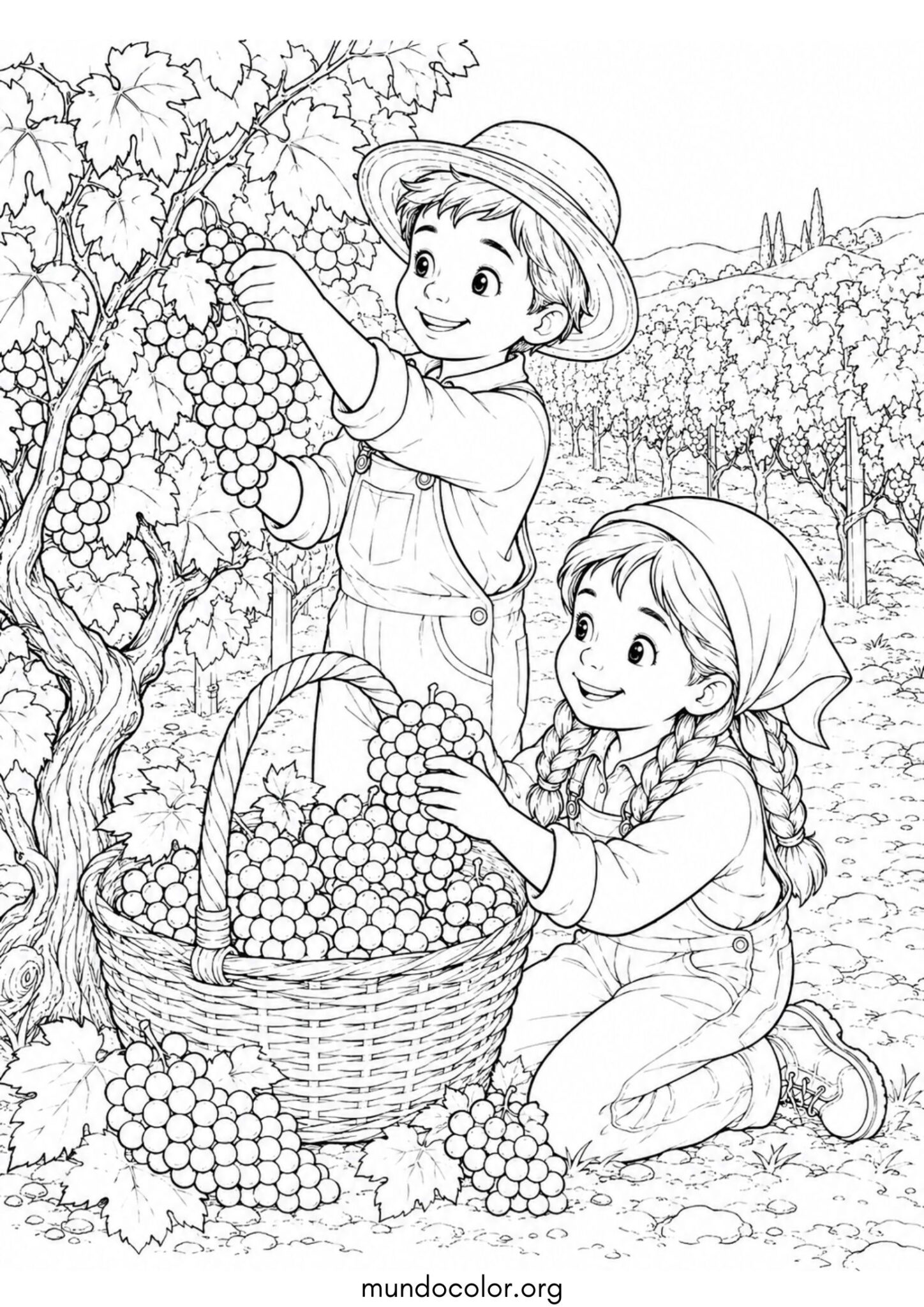 Dibujo de Fiesta de la Vendimia – Niños cosechando uvas en el viñedo para colorear
