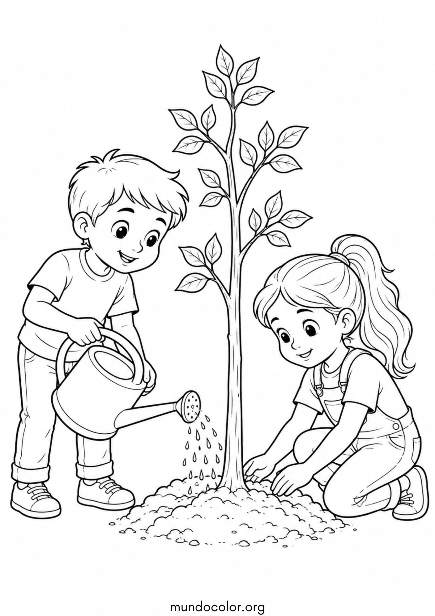 Dibujo de Día del Medio Ambiente – Niños cuidando la naturaleza y regando un árbol joven para colorear