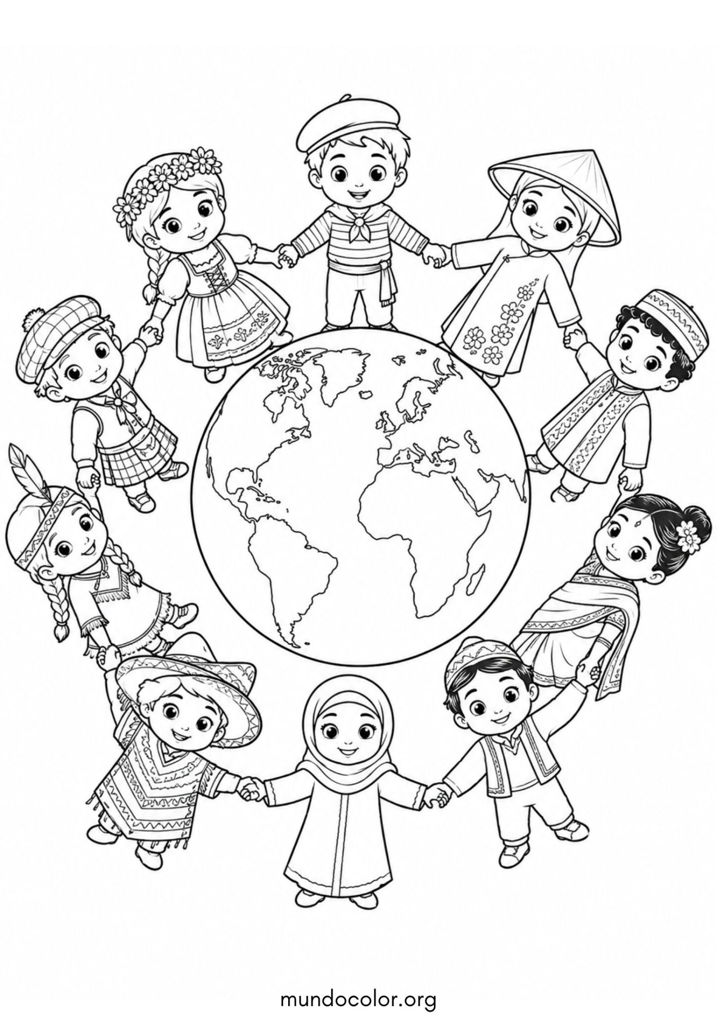 Dibujo de Día de la Paz – Niños de diferentes culturas cogidos de la mano alrededor del mundo para colorear