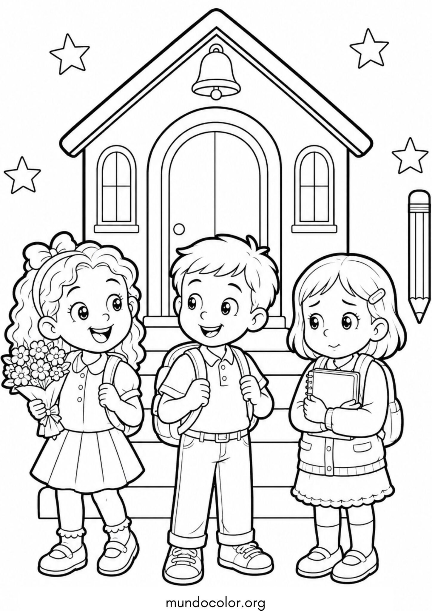 Dibujo de Niños de primer grado frente a la escuela para colorear