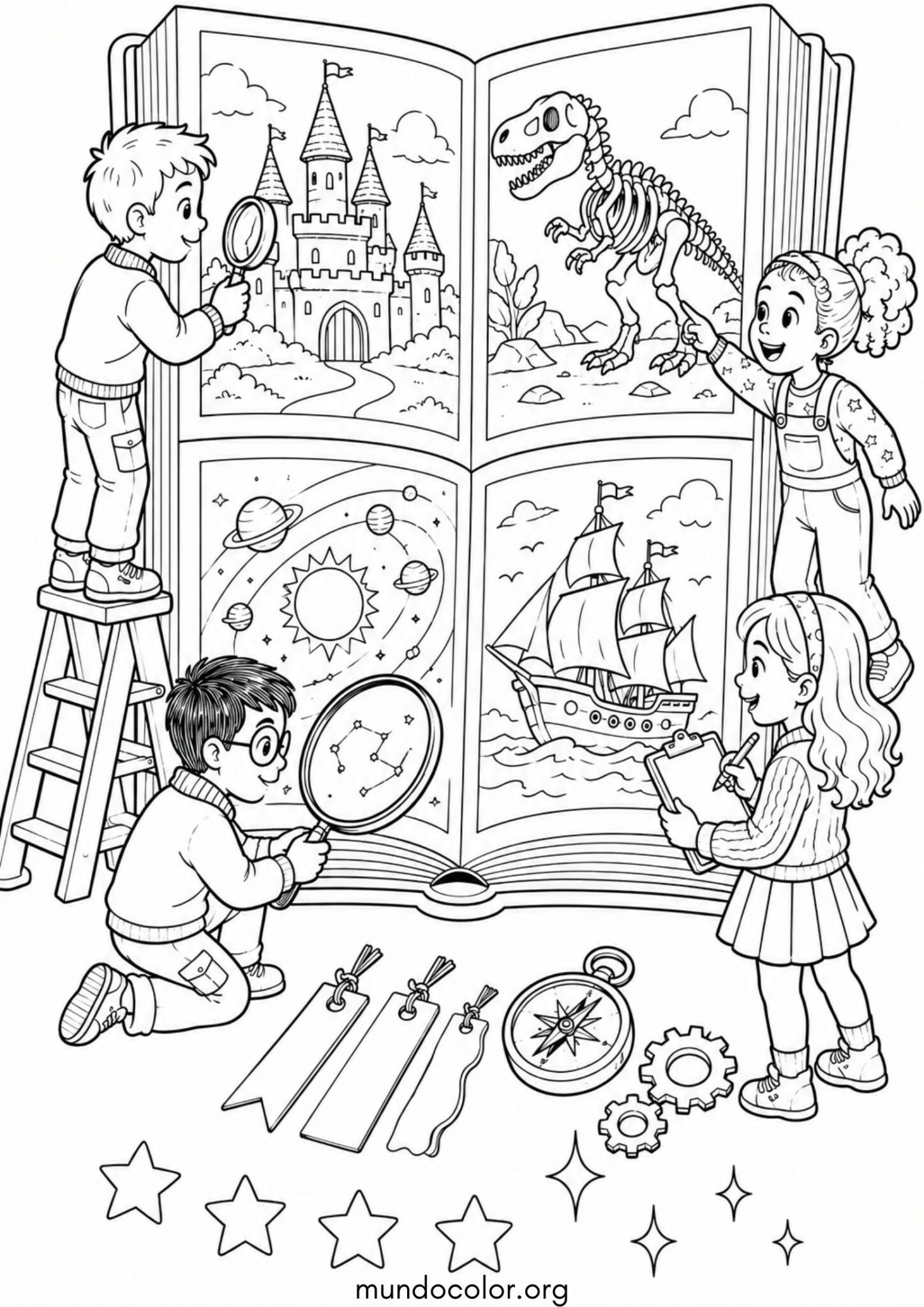 Dibujo de Día del Libro – Niños estudiando e investigando un libro gigante para colorear
