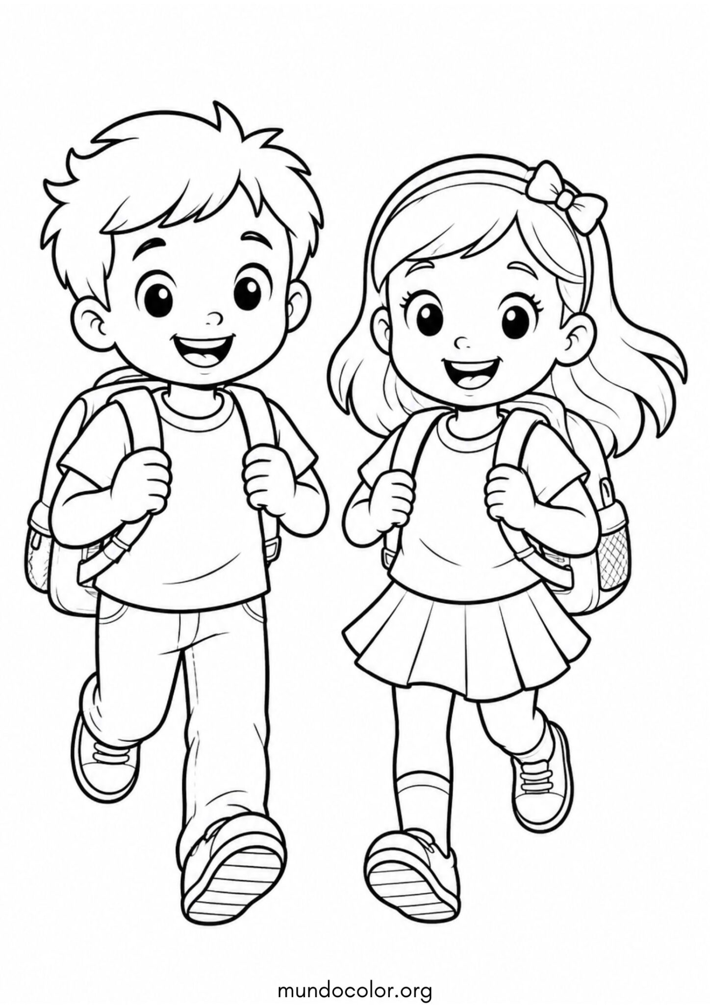Dibujo de Vuelta al cole – Niños felices con sus mochilas escolares para colorear