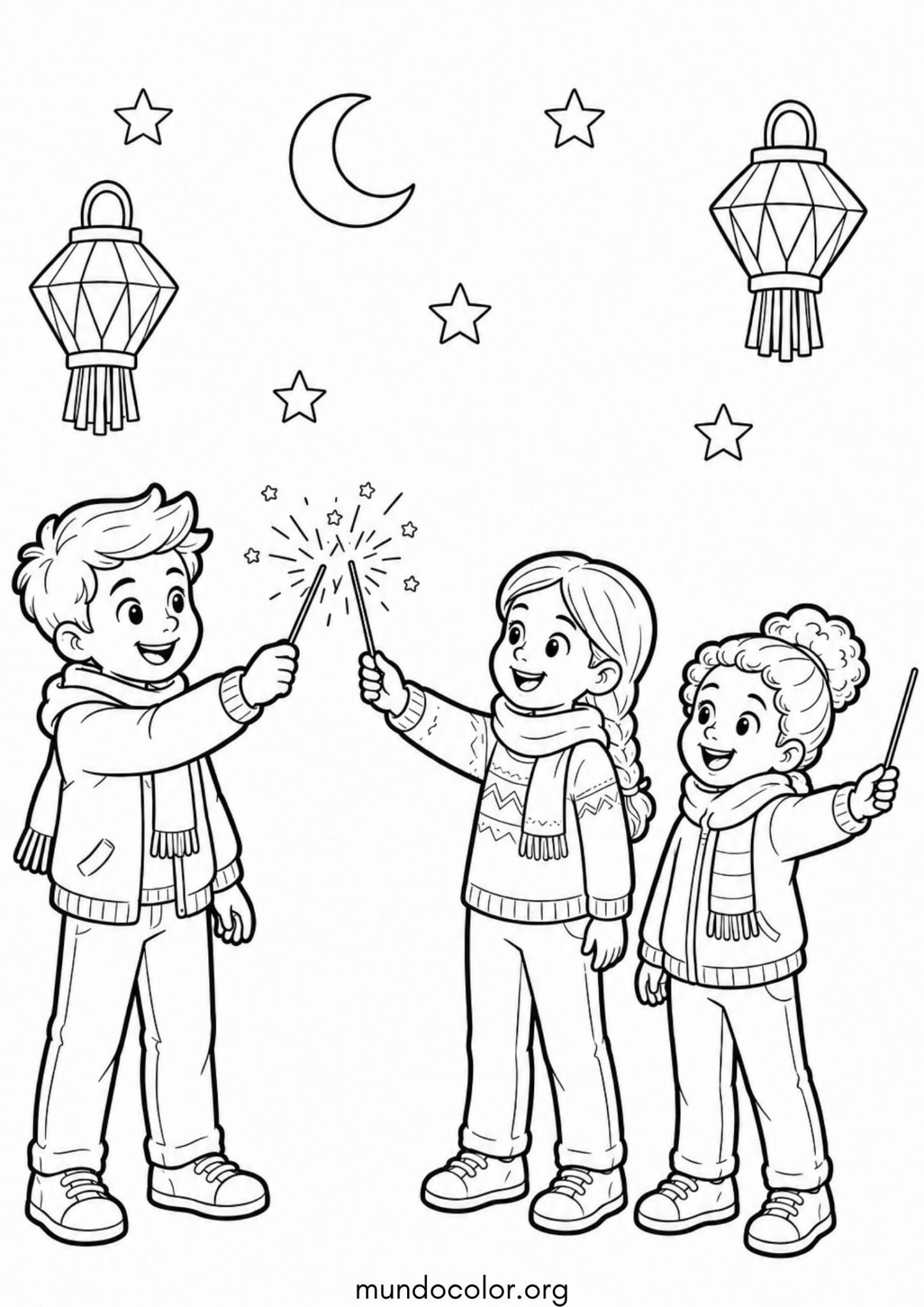 Dibujo de Las Posadas Navideñas – Niños felices encendiendo luces de bengala / estrellitas en la noche para colorear