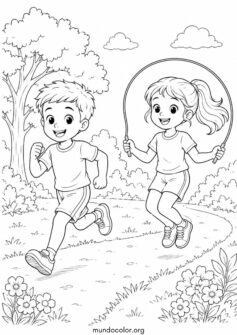 Día Mundial de la Salud – Niños haciendo ejercicio al aire libre: corriendo y saltando la comba