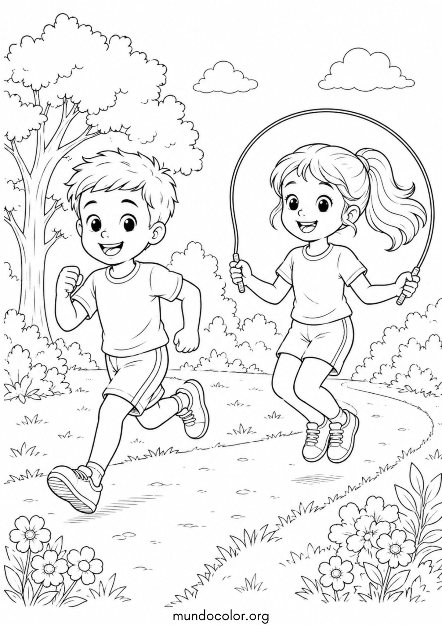 Dibujo de Día Mundial de la Salud – Niños haciendo ejercicio al aire libre: corriendo y saltando la comba para imprimir Dibujo de Día Mundial de la Salud – Niños haciendo ejercicio al aire libre: corriendo y saltando la comba para colorear