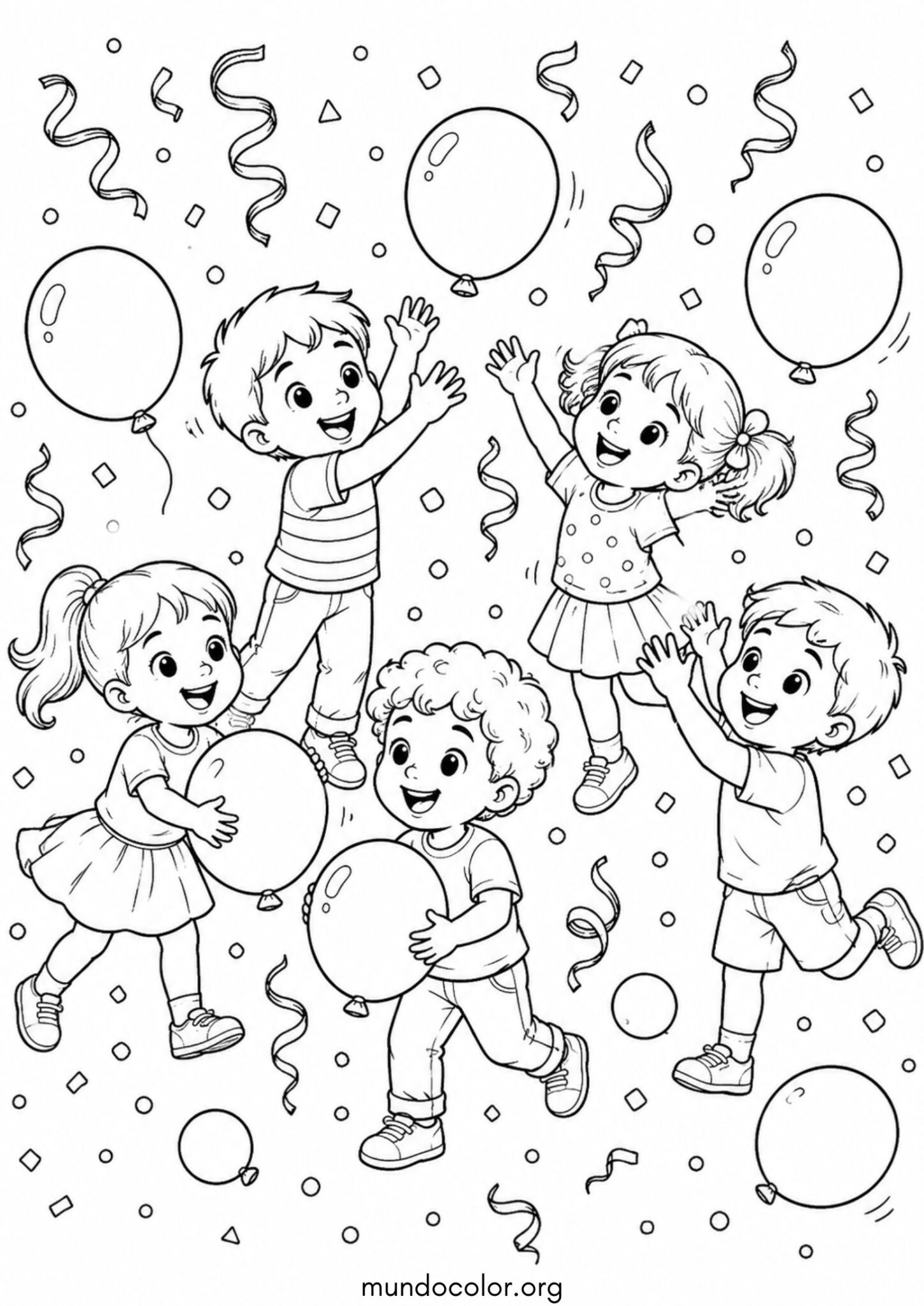 Dibujo de Día del Niño – Niños jugando con globos, serpentinas y confeti para colorear