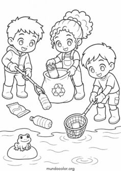 Día del Medio Ambiente – Niños limpiando la orilla del río de basura y plásticos
