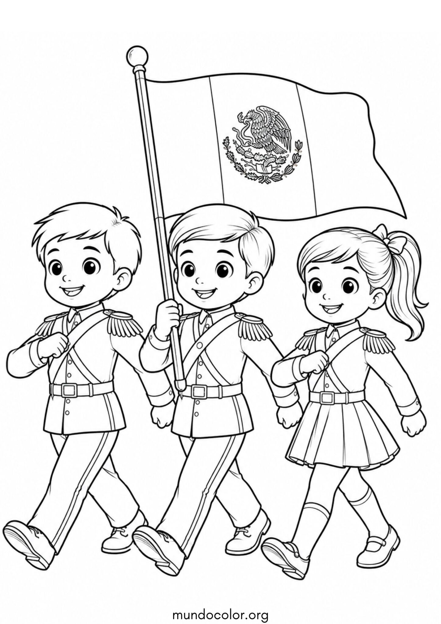 Día de la Revolución Mexicana – Niños marchando en el desfile del 20 de Noviembre para imprimir y pintar Dibujo de Día de la Revolución Mexicana – Niños marchando en el desfile del 20 de Noviembre para colorear