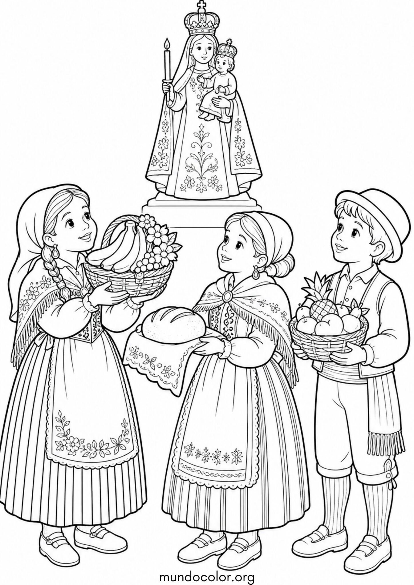 Dibujo de Día de la Candelaria y Tamales – Niños vestidos con trajes típicos canarios llevando ofrendas a la Virgen para colorear