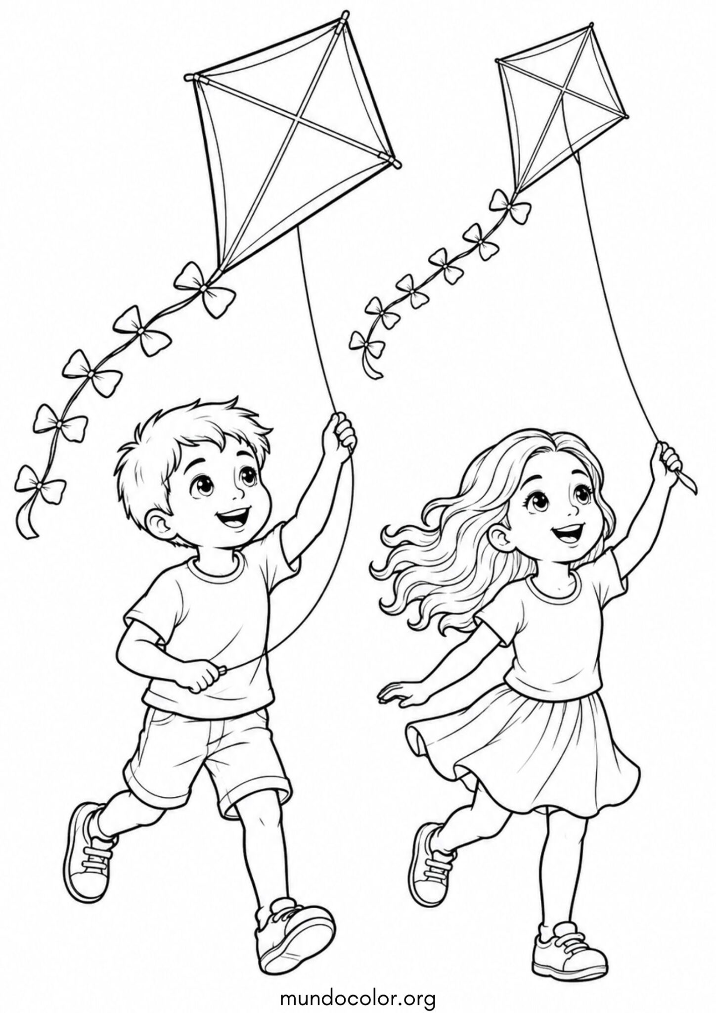 Dibujo de Día del Niño – Niños volando cometas en un día soleado para colorear