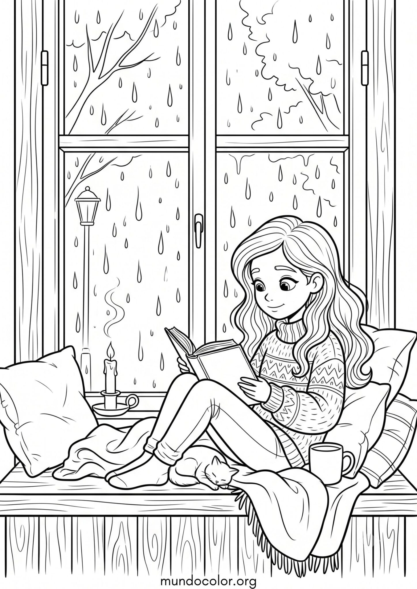 Dibujo de Noche de otoño lluviosa leyendo un libro favorito para imprimir Dibujo de Noche de otoño lluviosa leyendo un libro favorito para colorear