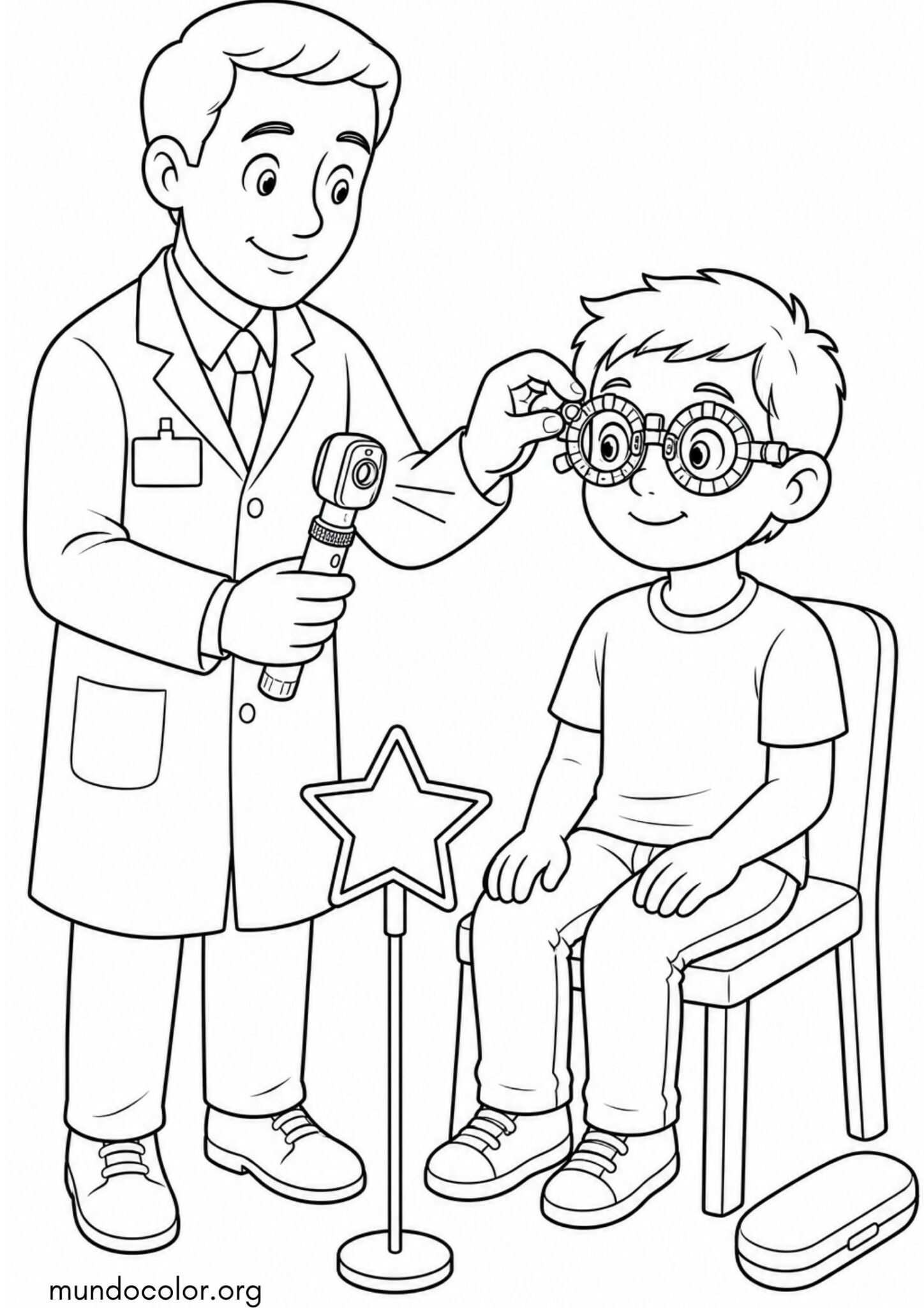 Dibujo de Día Mundial de la Salud – Oftalmólogo examinando la vista a un niño con gafas de colores para colorear