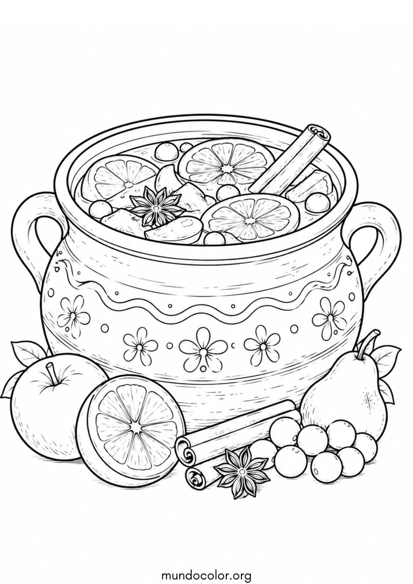 Dibujo de Las Posadas Navideñas – Olla de barro con ponche navideño tradicional y frutas mexicanas para colorear