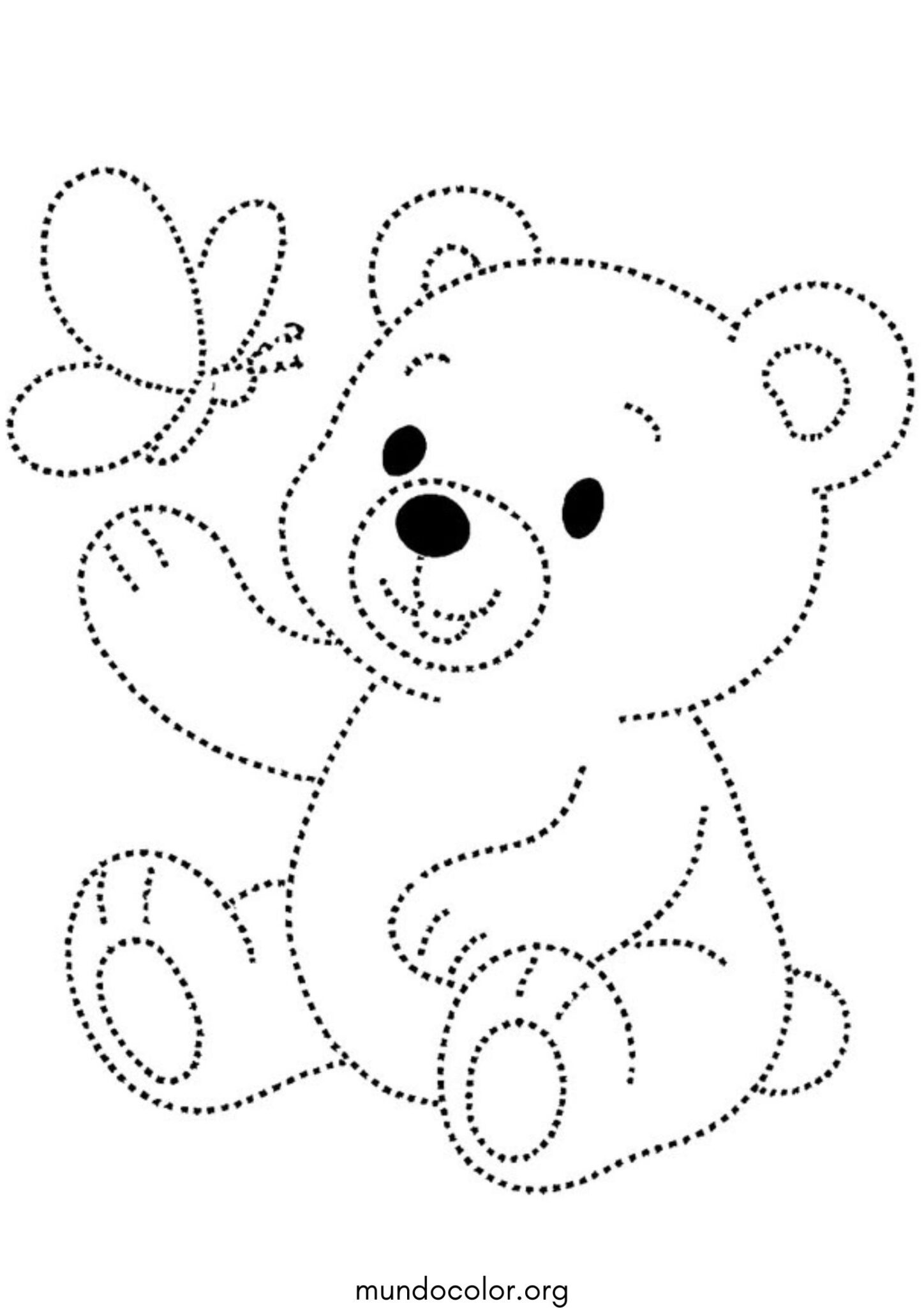 Unir los puntos – Osito con mariposa para imprimir y pintar Dibujo de Unir los puntos – Osito con mariposa para colorear