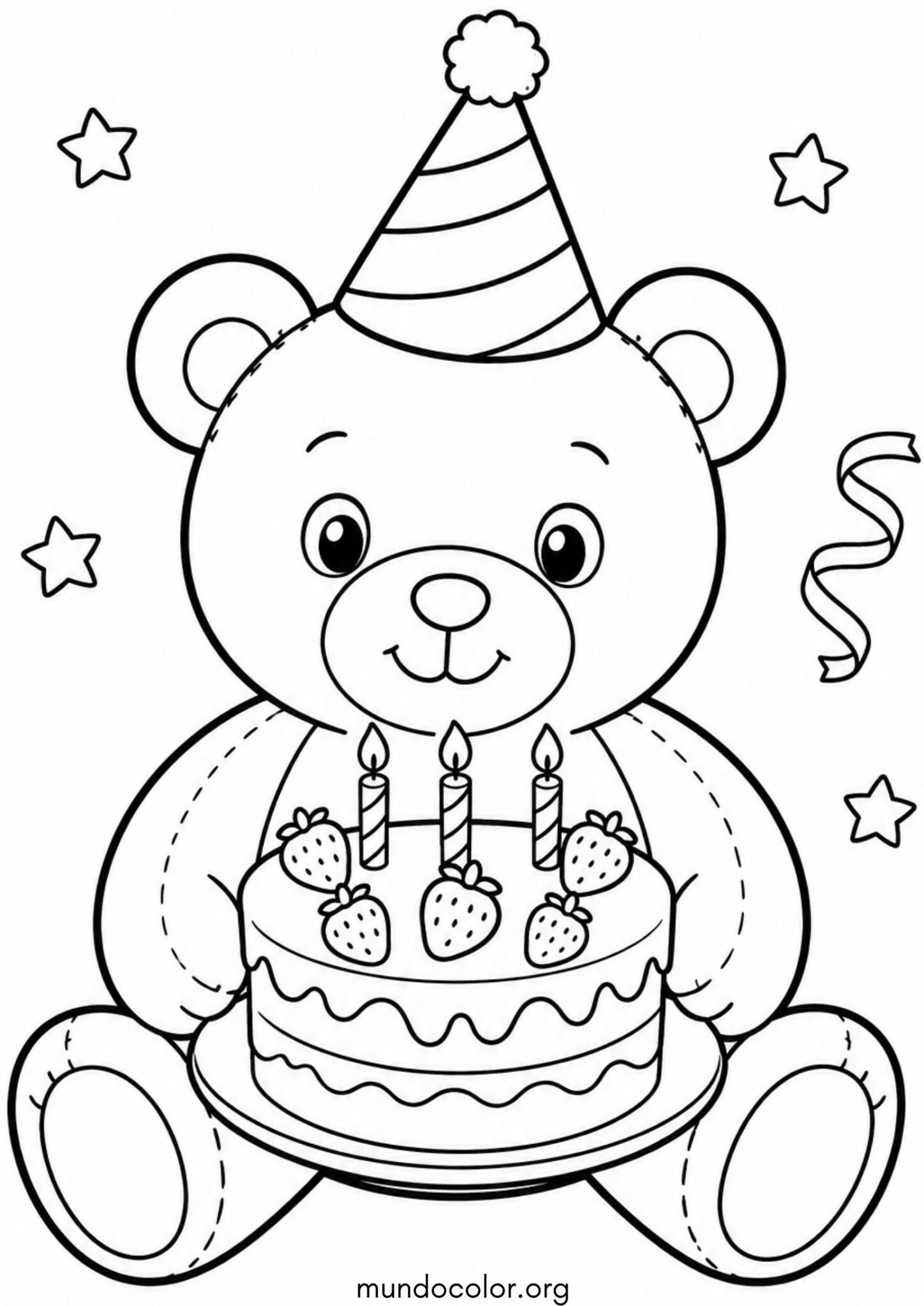 Dibujo de Osito de peluche con tarta de cumpleaños y gorrito para colorear