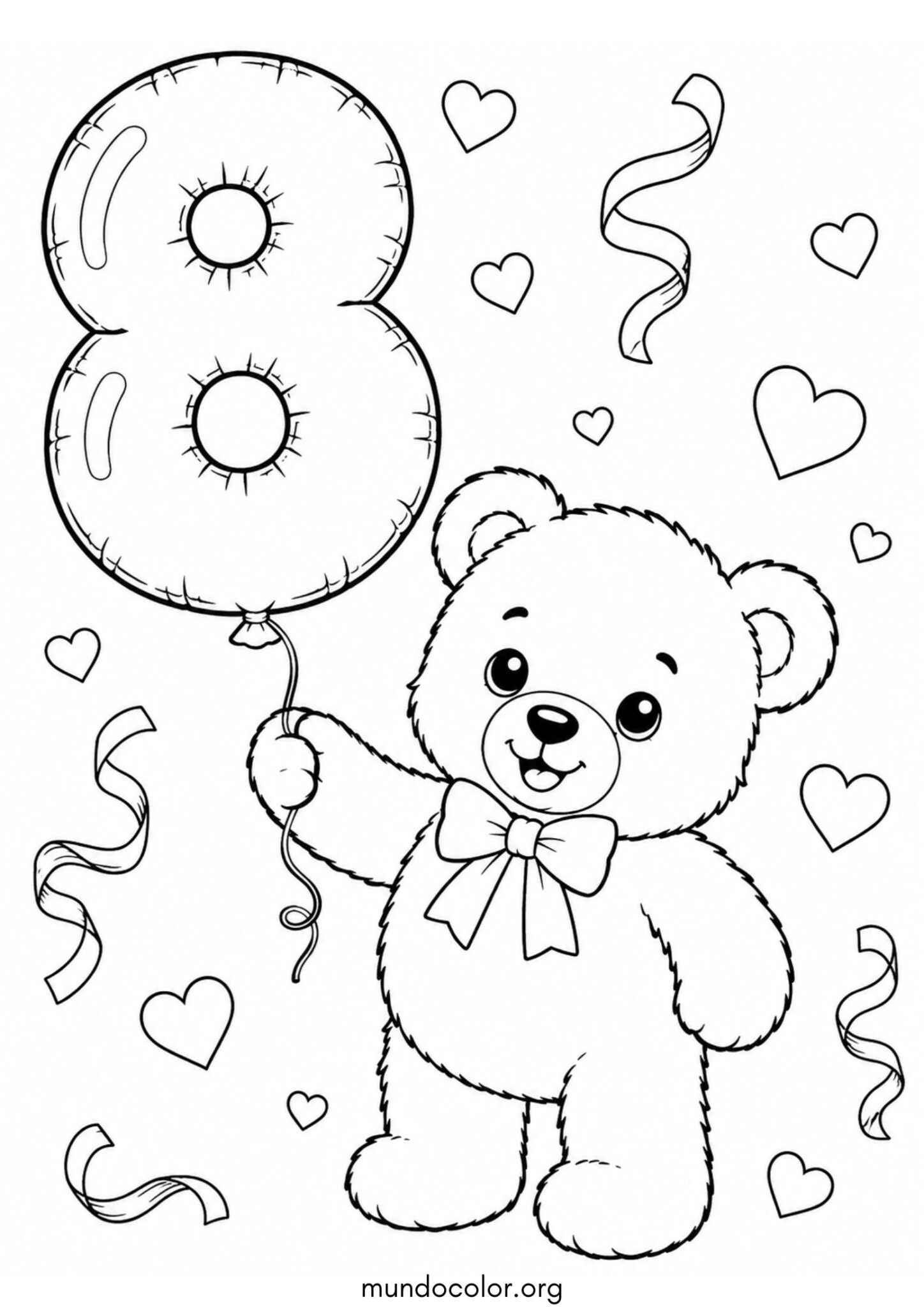Dibujo de Cumpleaños – Osito de peluche sosteniendo un globo del número 8 para colorear