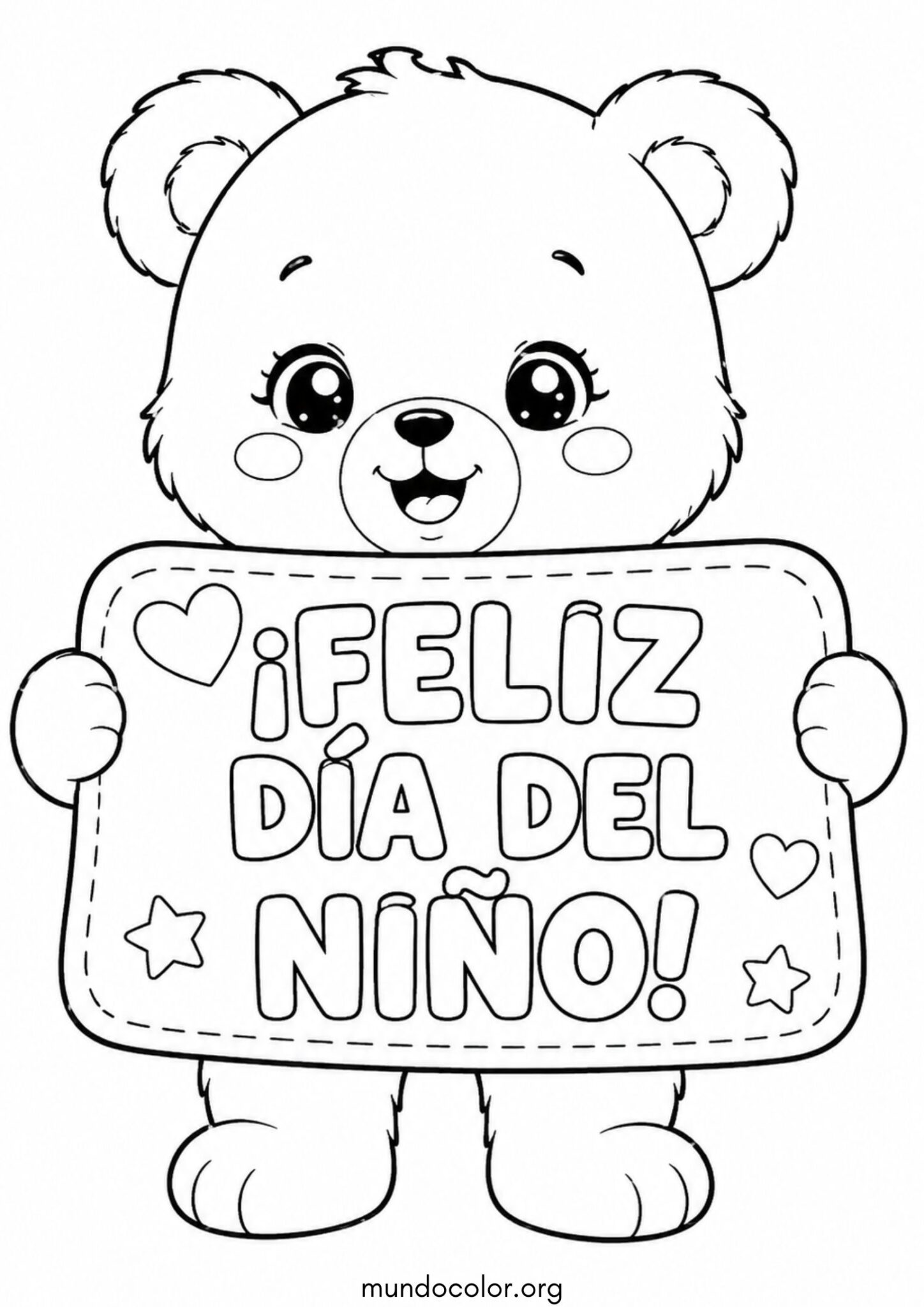 Dibujo de Osito kawaii con cartel de ¡Feliz Día del Niño! para colorear