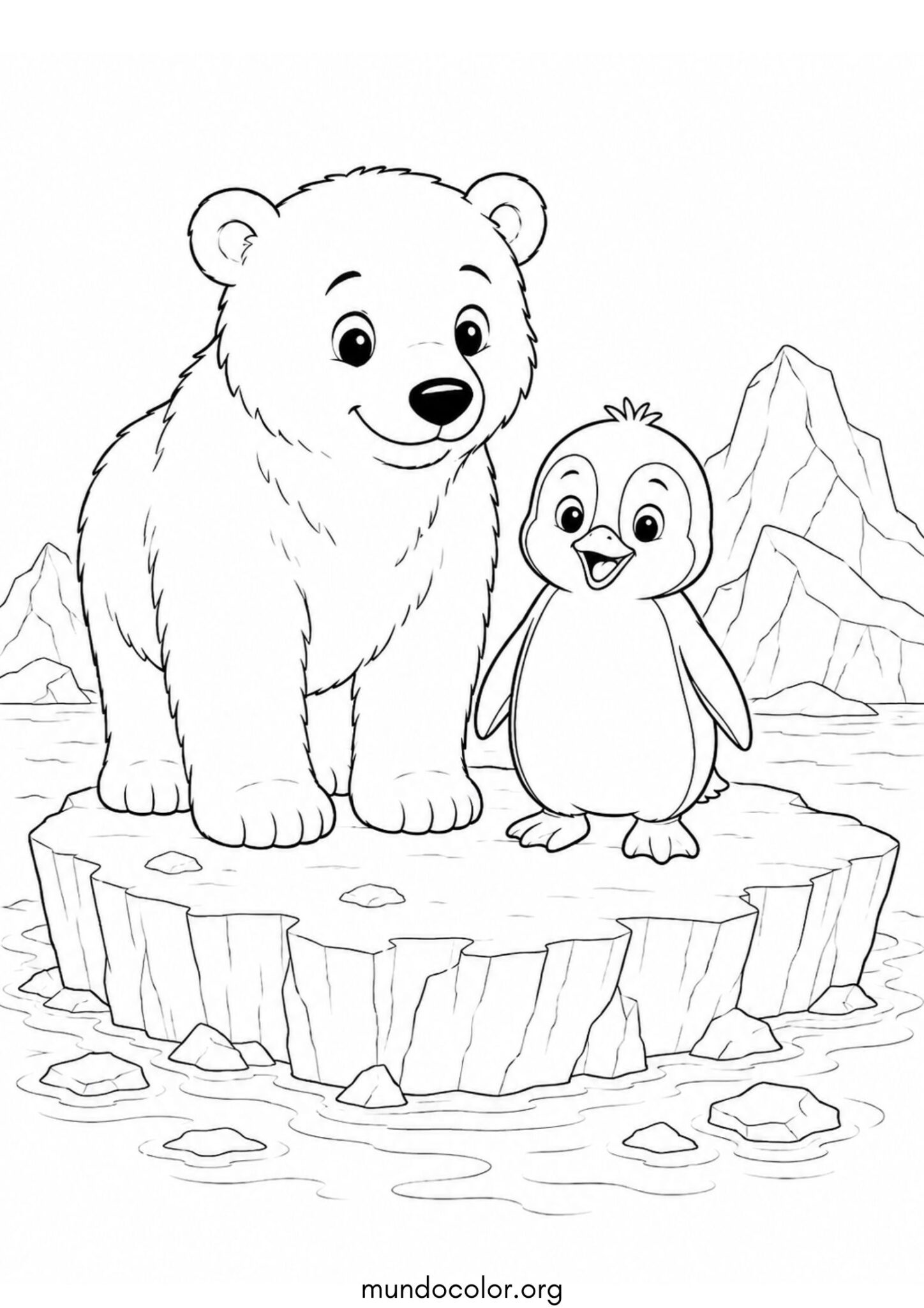 Dibujo de Día del Medio Ambiente – Oso polar y pingüino sobre un iceberg limpio para colorear