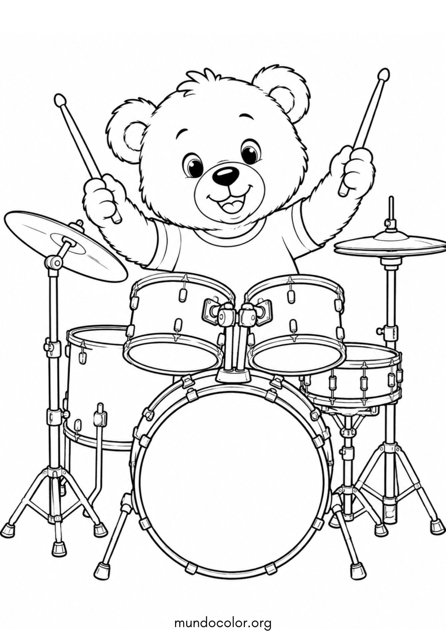Dibujo de Día de la Música – Oso tocando la batería para colorear