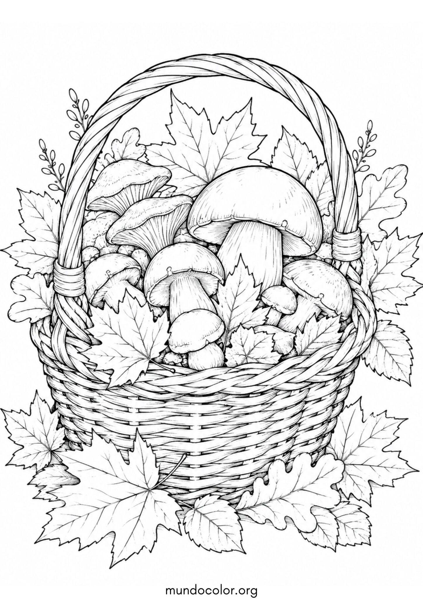 Dibujo de Otoño – Cesta de mimbre llena de setas y hojas de otoño para imprimir Dibujo de Otoño – Cesta de mimbre llena de setas y hojas de otoño para colorear