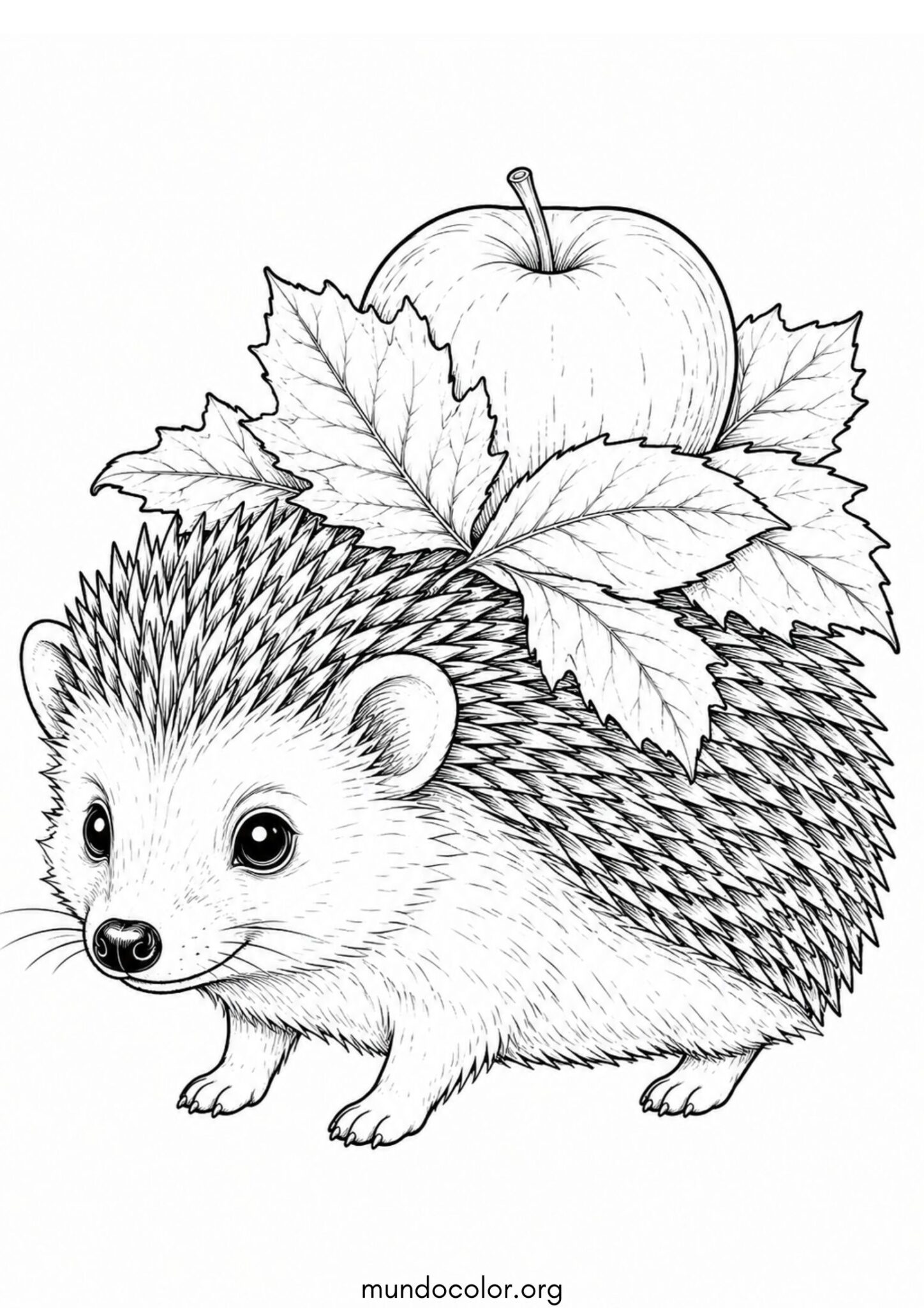 Dibujo de Otoño – Erizo cargando una manzana y hojas en su espalda para imprimir Dibujo de Otoño – Erizo cargando una manzana y hojas en su espalda para colorear