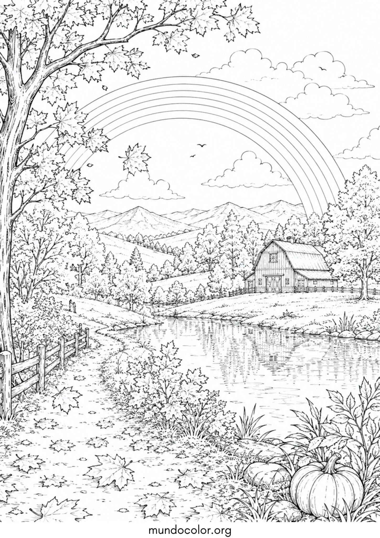 Dibujo de Paisaje de otoño con arcoíris para imprimir Dibujo de Paisaje de otoño con arcoíris para colorear