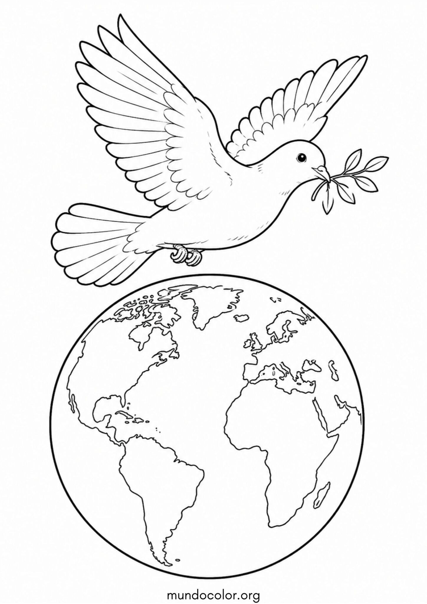 Dibujo de Paloma de la paz volando sobre el planeta Tierra para colorear