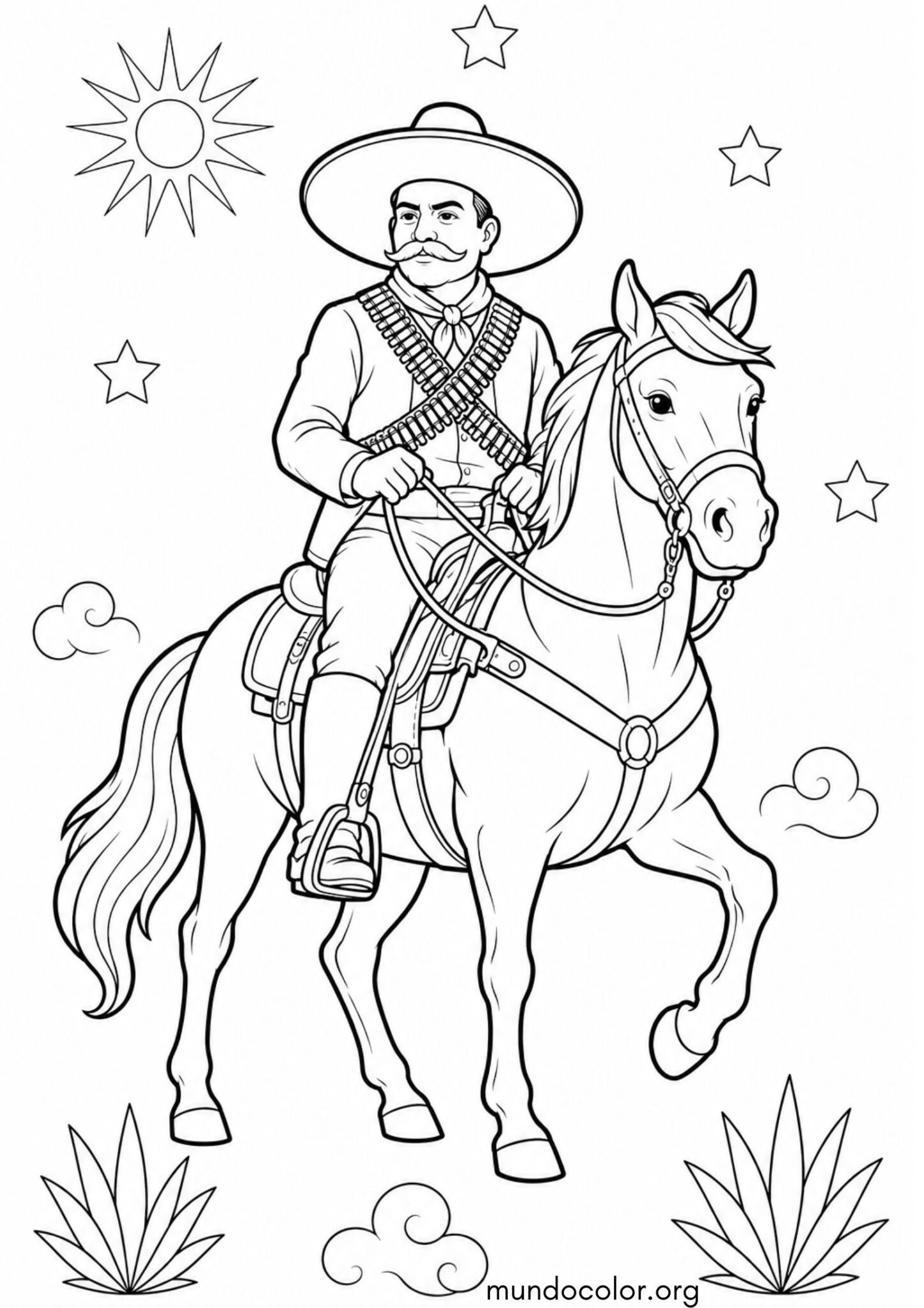 Dibujo de Día de la Revolución Mexicana – Pancho Villa a caballo con sombrero para colorear