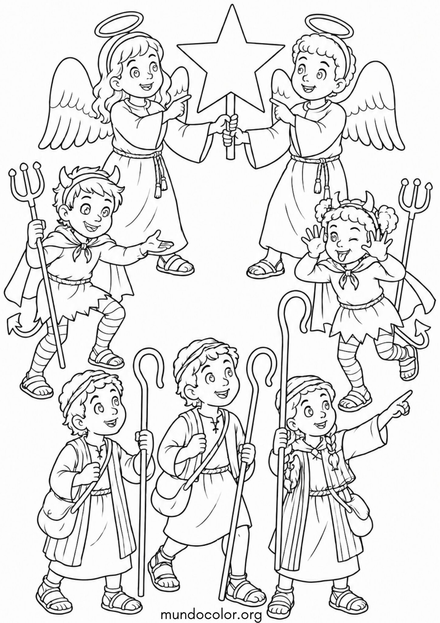 Dibujo de Las Posadas Navideñas – Pastorela mexicana con angelitos, diablitos y pastorcitos amigables para colorear