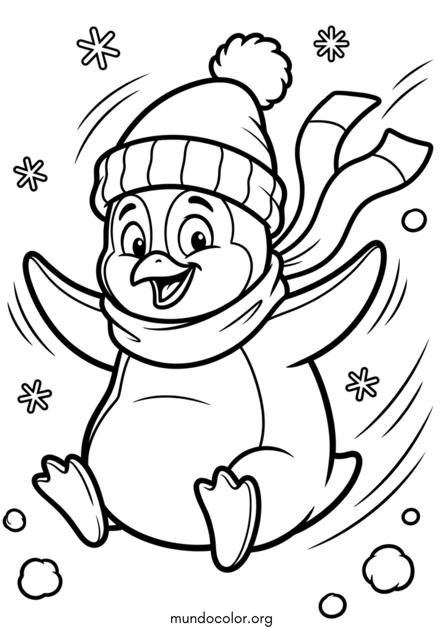 Dibujo de Invierno – Pengüino feliz con gorro y bufanda de lana para colorear