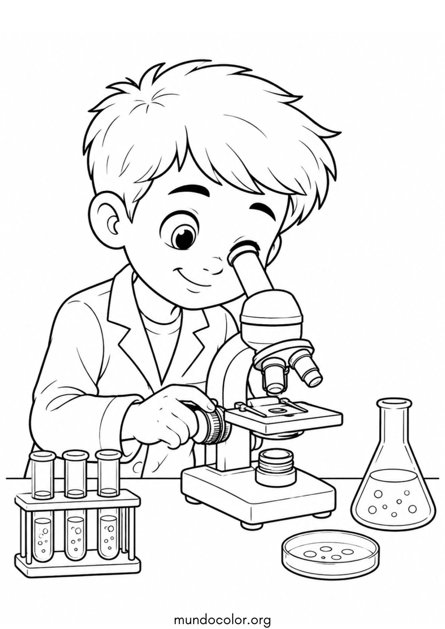 Dibujo de Día Mundial de la Ciencia – Pequeño científico mirando por un microscopio para colorear