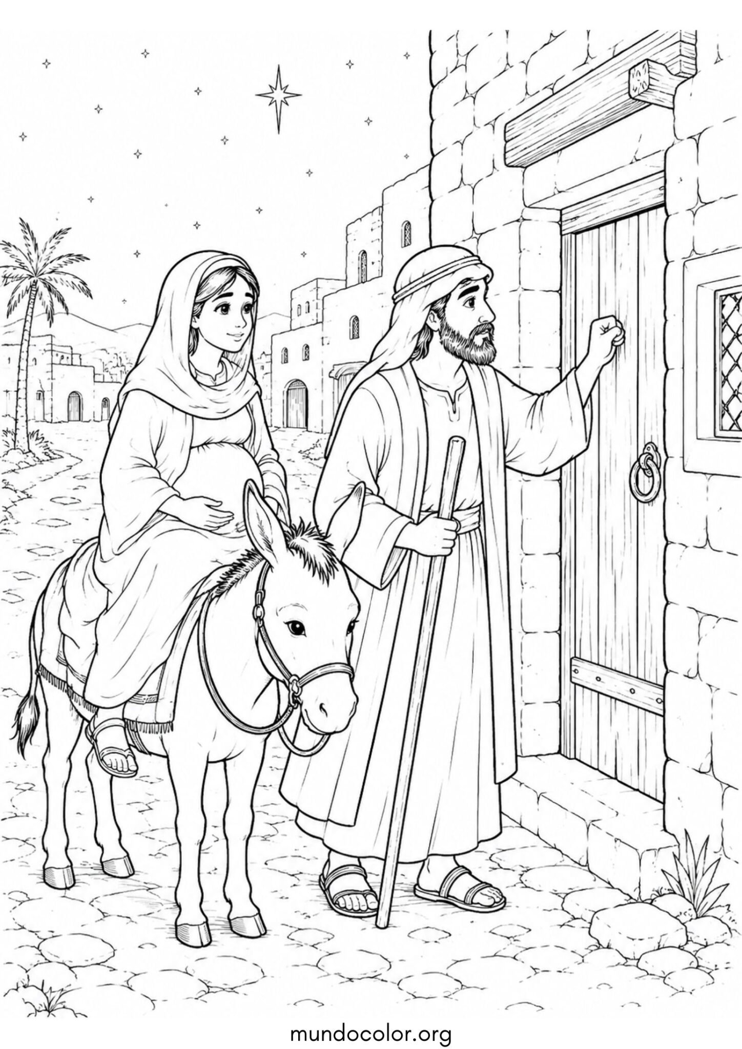Dibujo de Las Posadas Navideñas – Peregrinos María y José tocando la puerta de la posada para colorear