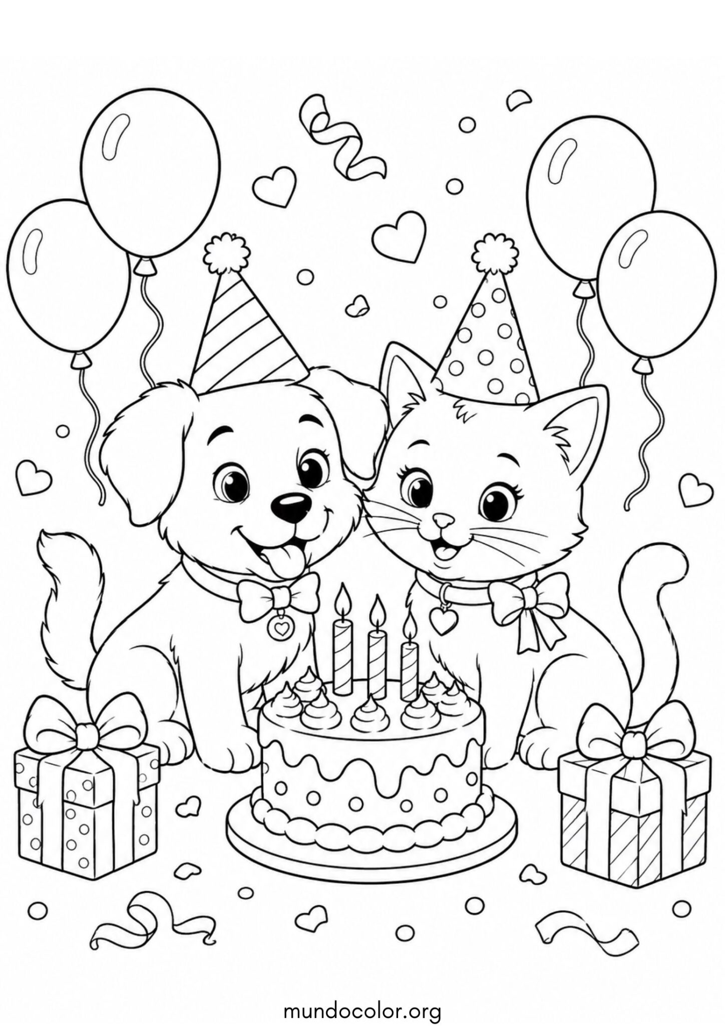 Dibujo de Perrito y gatito celebrando un cumpleaños juntos para colorear