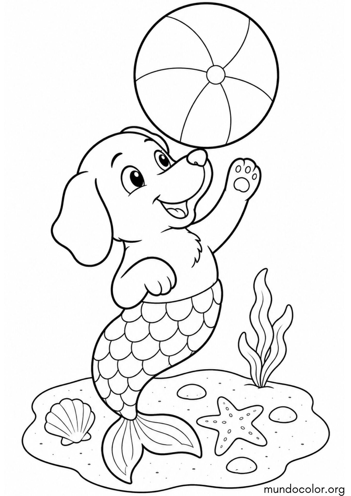 Dibujo de Perro sirena jugando con una pelota de playa en el fondo marino para imprimir Dibujo de Perro sirena jugando con una pelota de playa en el fondo marino para colorear