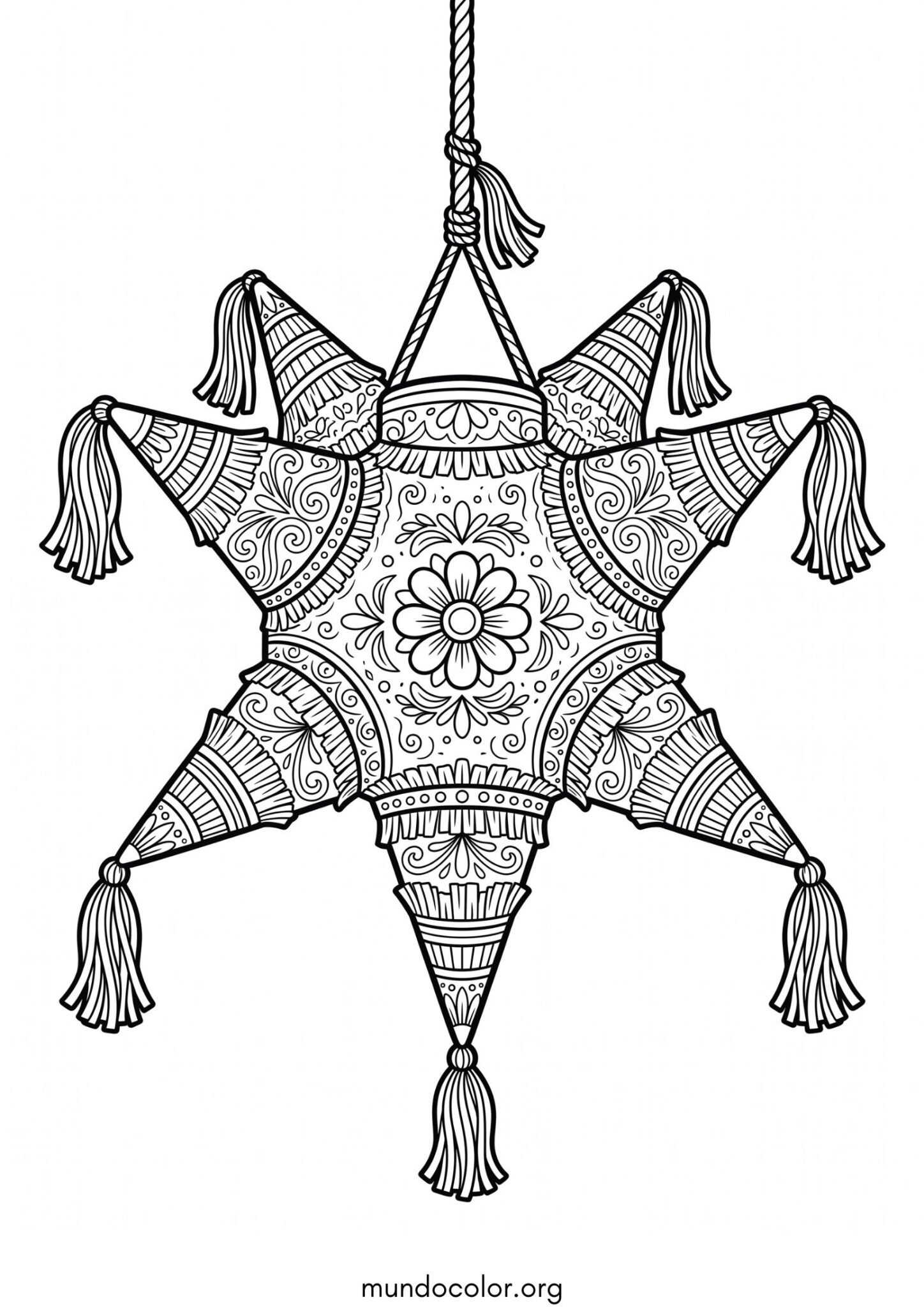 Dibujo de Las Posadas Navideñas – Piñata de estrella de 7 picos tradicional mexicana para colorear para colorear