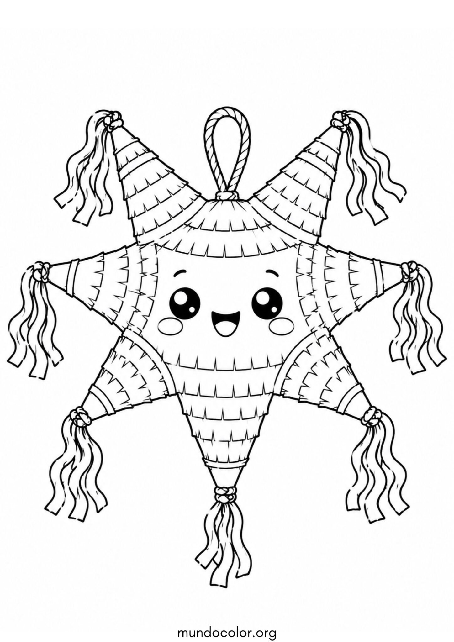 Dibujo de Las Posadas Navideñas – Piñata de estrella estilo kawaii sonriente con serpentinas para colorear