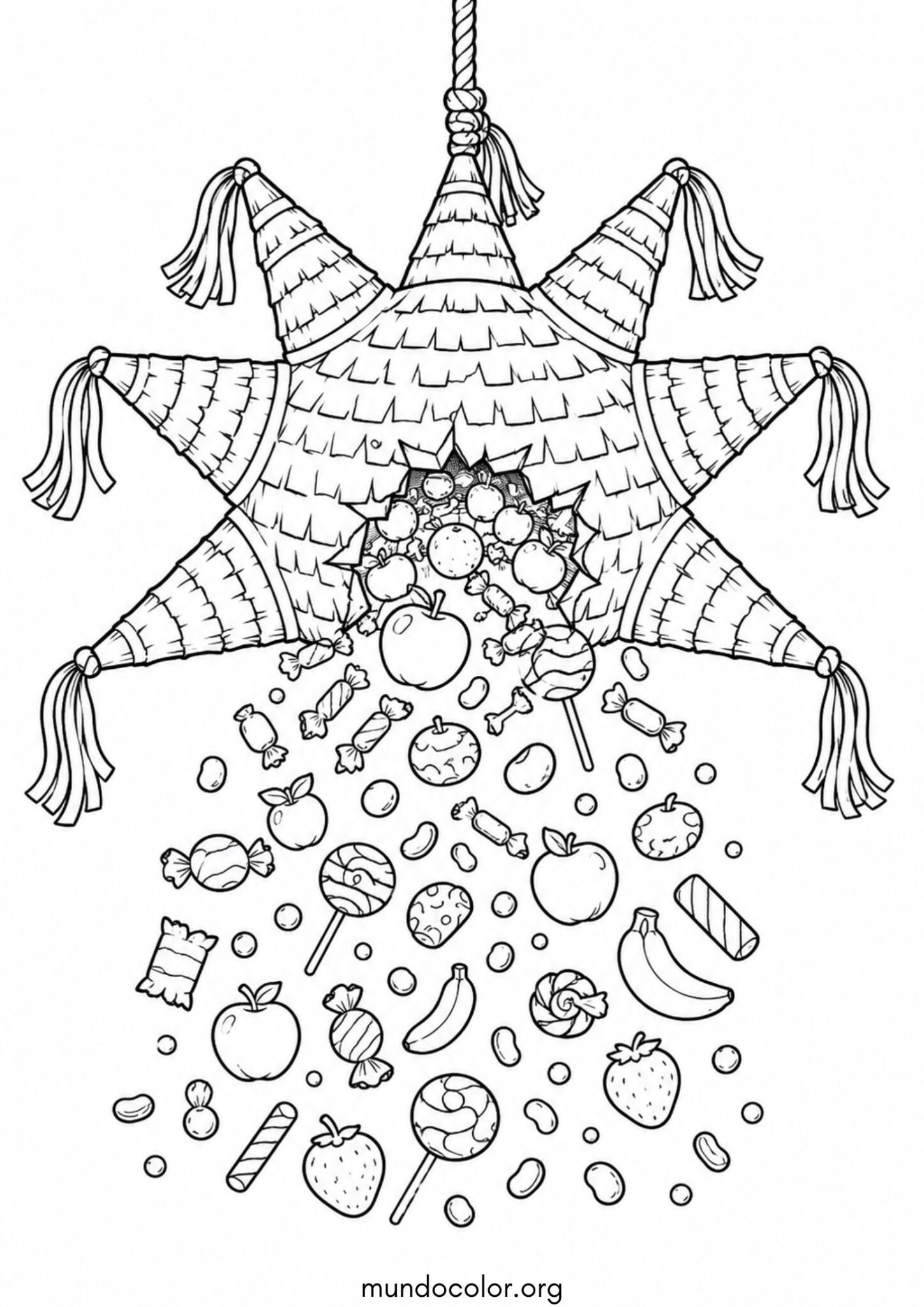 Dibujo de Las Posadas Navideñas – Piñata navideña rompiéndose con lluvia de dulces y frutas para colorear